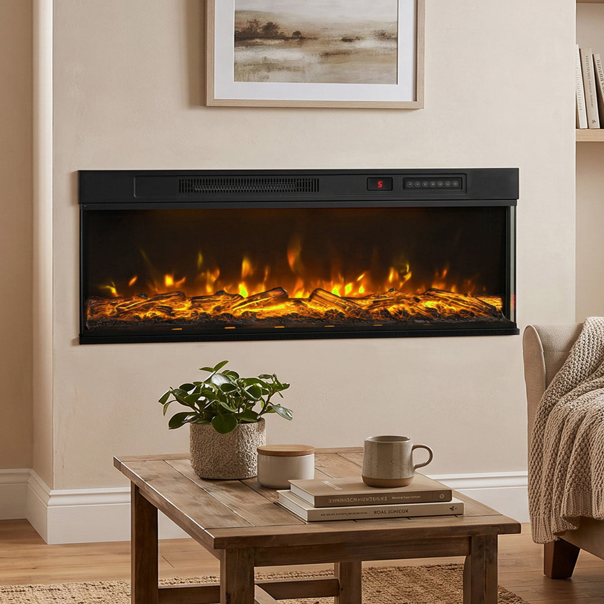 HOMCOM 50" Electric Fireplace Insert, 3-Sided Freestanding/Wall Recessed Electric Fire Heater with Adjustable Flame, 1800W