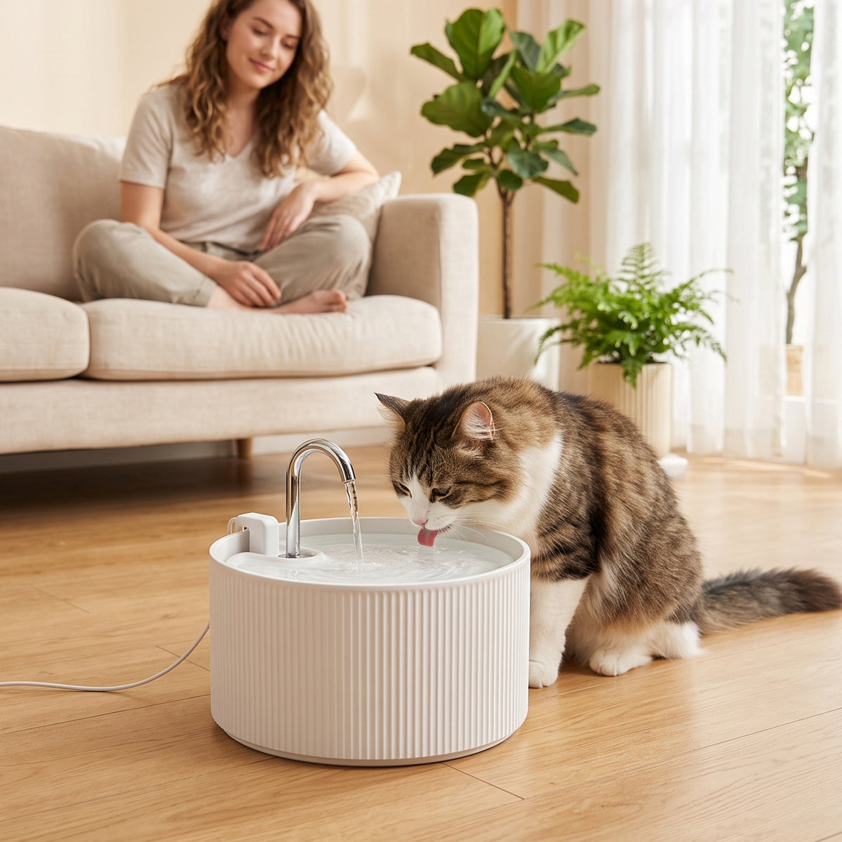 PawHut Ceramic Cat Water Fountain for Drinking, 2.2L Pet Water Fountain with Ultra-Quiet Pump, 4-Layer Filtration, Tap