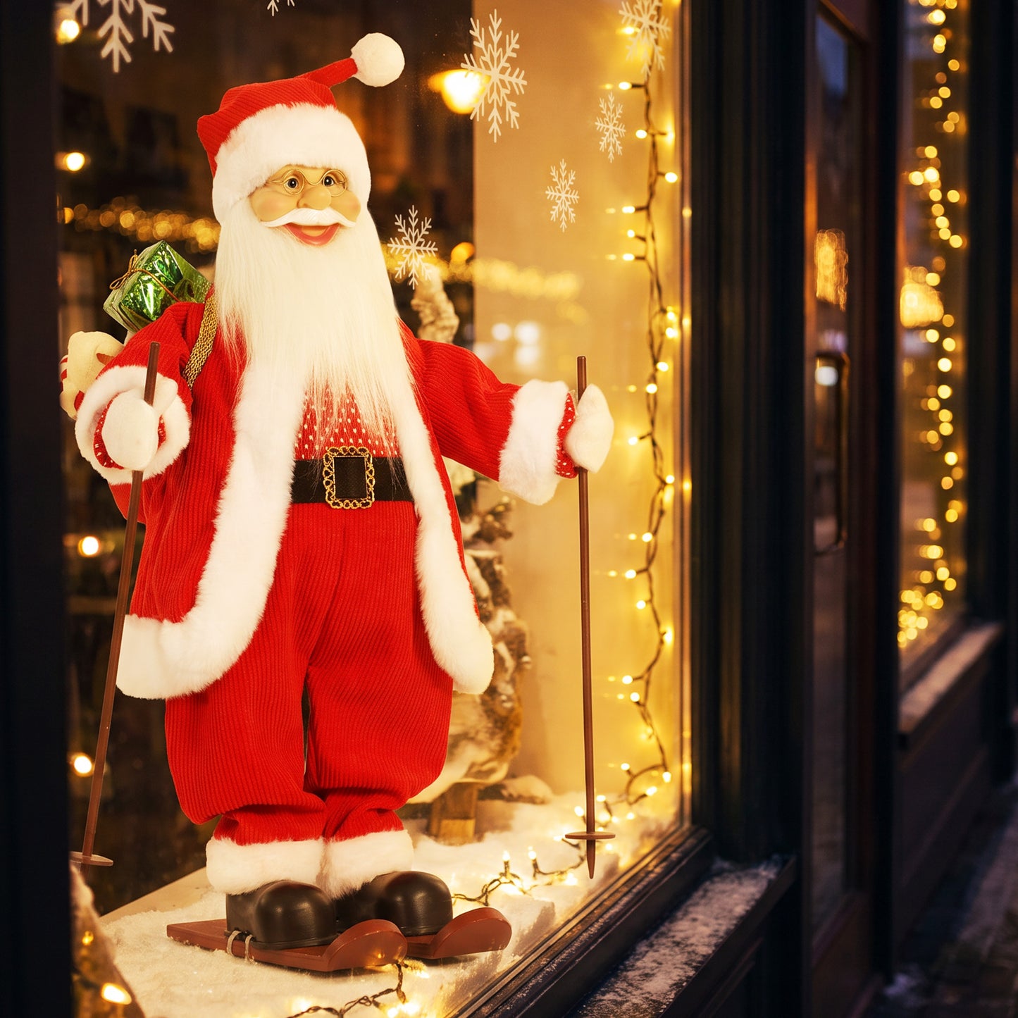 HOMCOM 2ft Singing Skiing Santa Claus, Standing Christmas Animated Santa Figure with Ski Board, Sack, Sound/Touch Activated