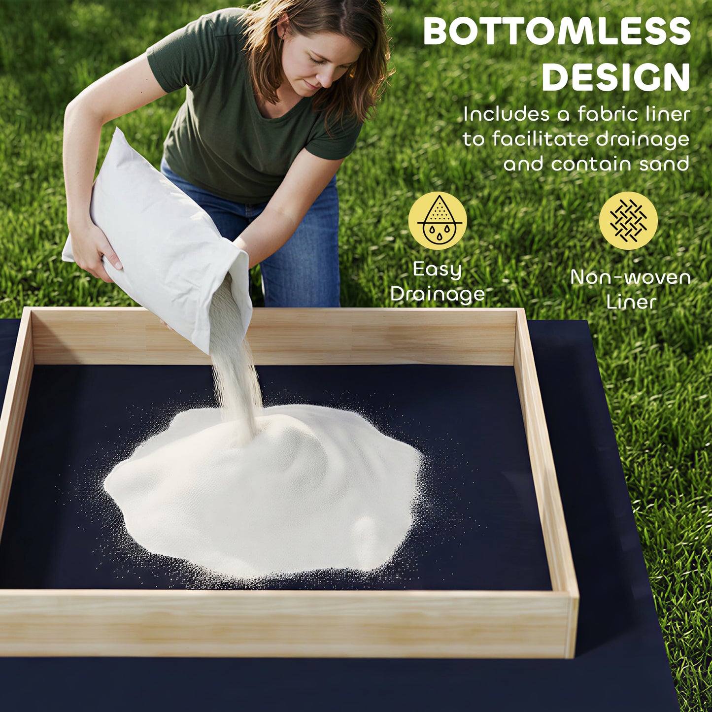 AIYAPLAY Wooden Sand Pit with Digger, Kids Sandbox Outdoor, SandPit with 360 Swivel Seat and Bottom Liner