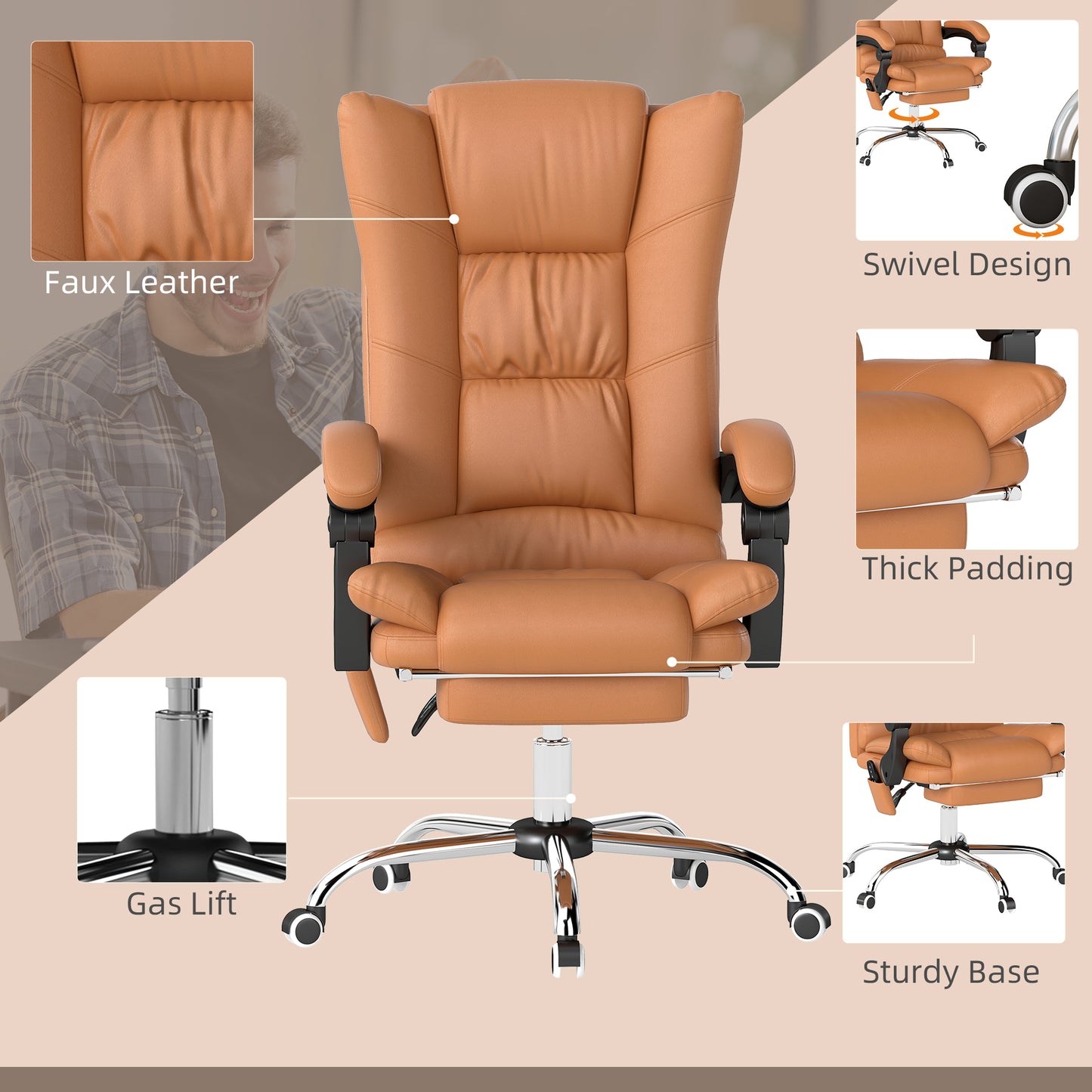 Vinsetto High Back Vibration Massage Office Chair, Heated Reclining PU Leather Computer Chair with 135Â° Reclining Back and Footrest, Light Brown