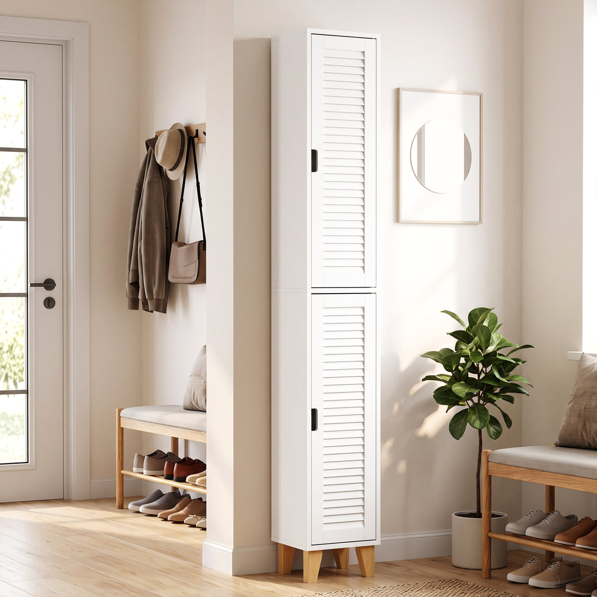 HOMCOM 170cm Tall Bathroom Storage Cabinet, Freestanding Bathroom Cabinet with Louvered Doors, Adjustable Shelf, White