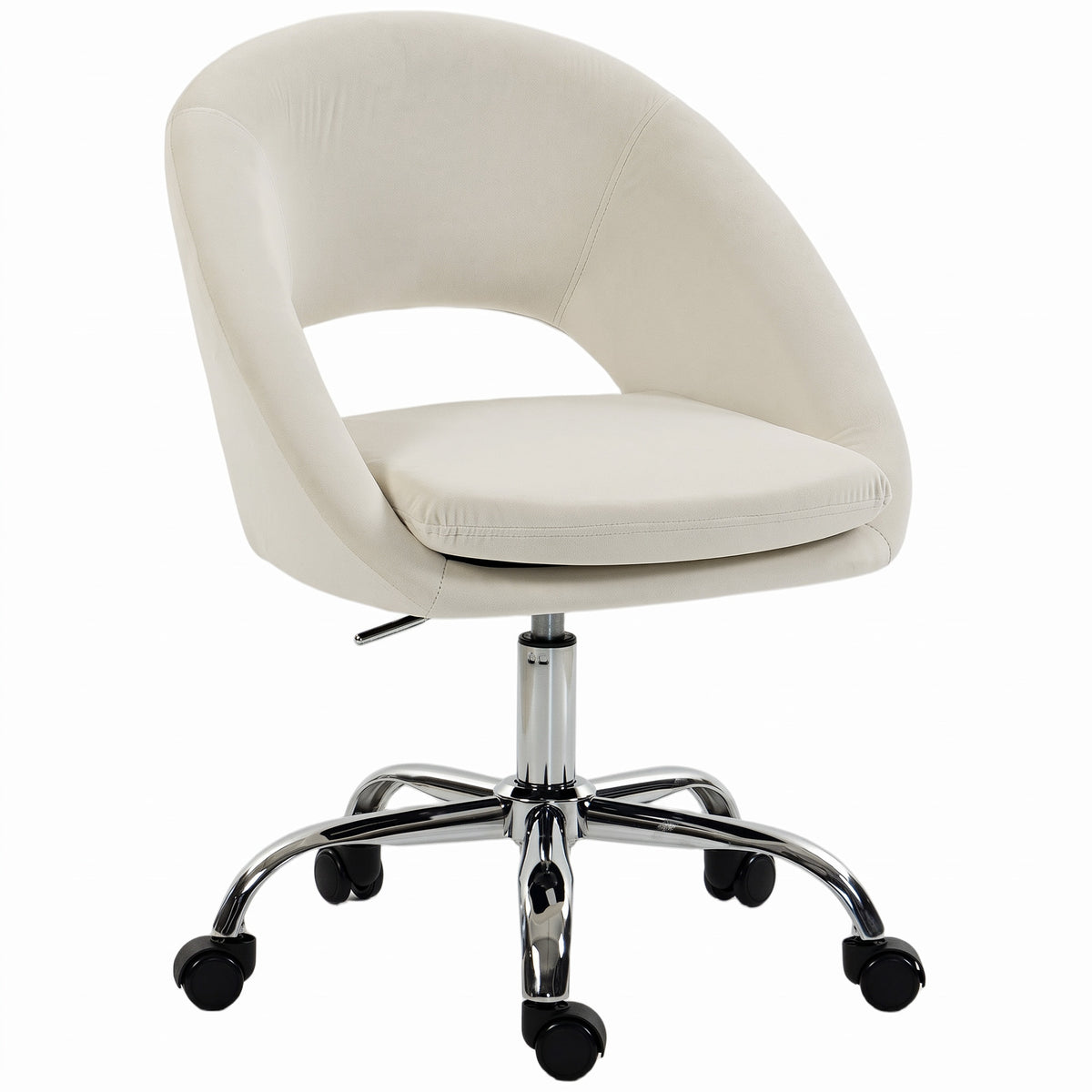 HOMCOM Velvet Desk Chair, Modern Office Chair with Height-Adjustable, Wheels, for Home Study Bedroom, Cream