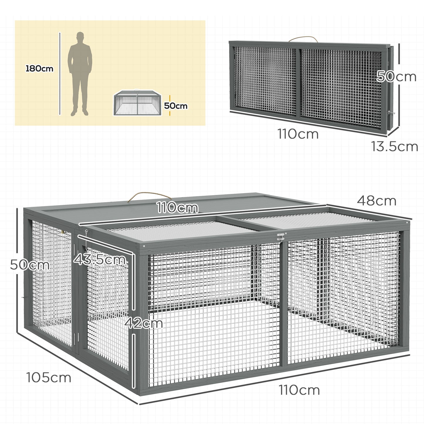 PawHut Folding Rabbit Run Wooden Large Rabbit Hutch for 2-3 Rabbits, Grey