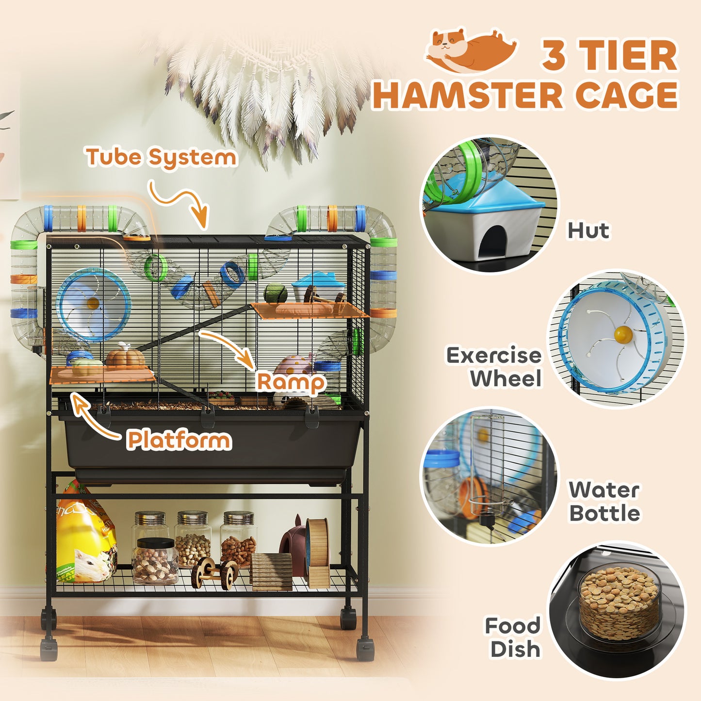 PawHut 3 Tier Large Hamster Cage on Wheels with 17 cm Deep Tray, Storage Shelf for Syrian, Gerbil, Rats