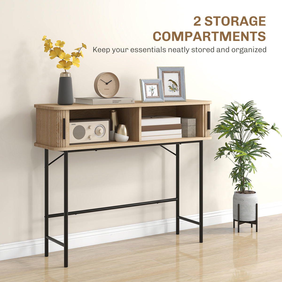HOMCOM Console Table 2-Compartment Storage Hallway Table Steel Frame for Entryway Living Room 100 cm Oak Tone Black