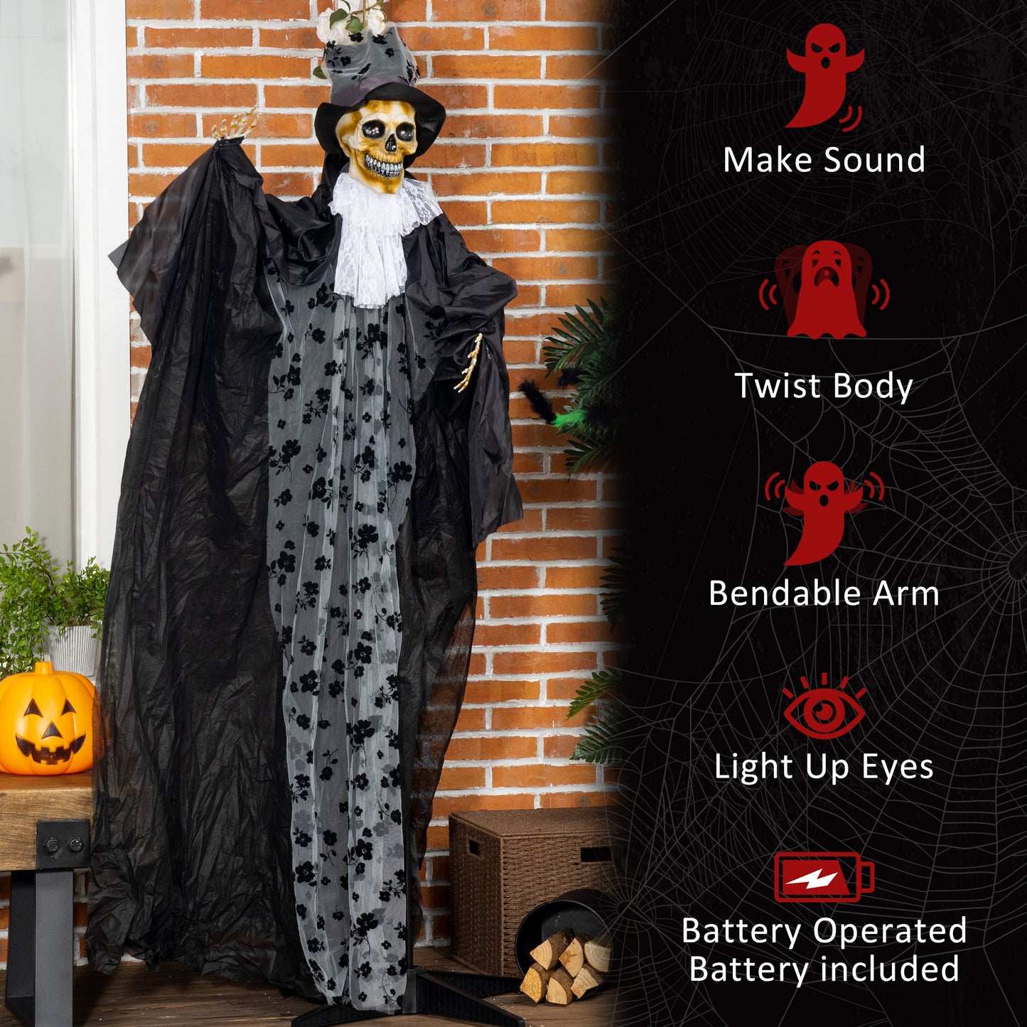 Outsunny 189cm Life Size Outdoor Halloween Decorations Ghost Bridegroom, Animated Prop Animatronic Decor with Sound and Motion Activated, Light Up Eyes, Howling Sound
