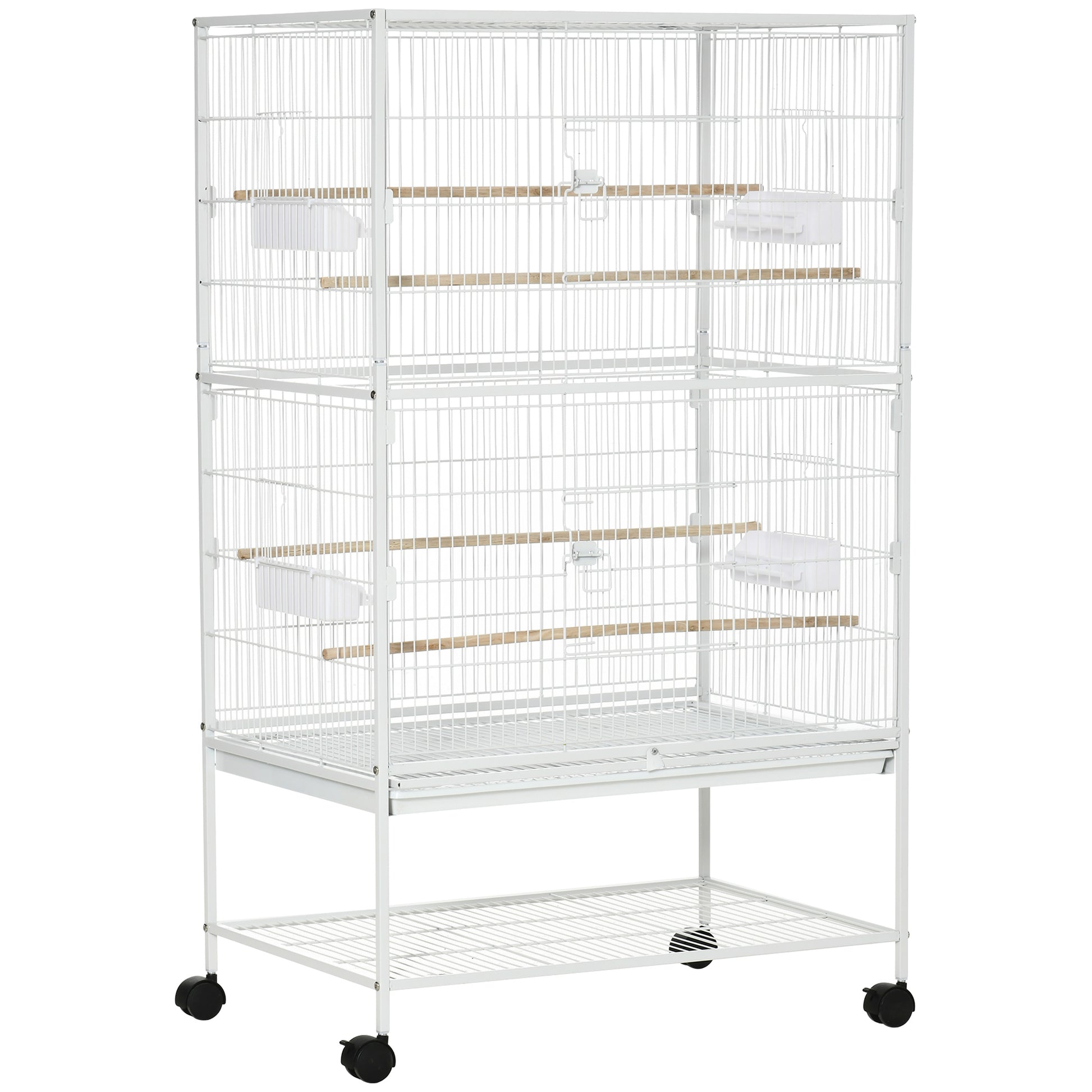 PawHut Large Bird Cage Budgie Cage for Finch Canaries Parakeet with Rolling Stand, Slide-out Tray, Storage Shelf, Food Containers, White