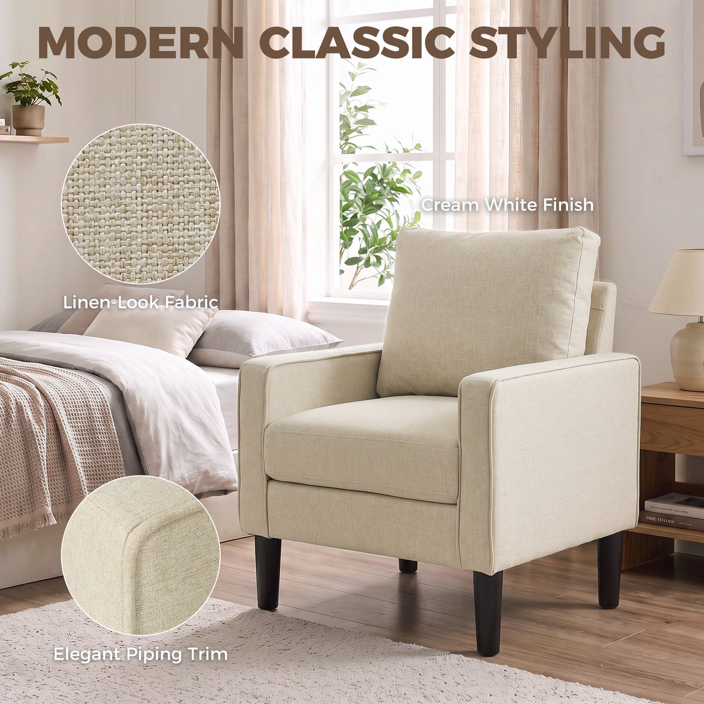HOMCOM Accent Chair, Removable Pillow Linen Armchair with Comfy Spring Cushion for Living Room, Bedroom, Study, Cream