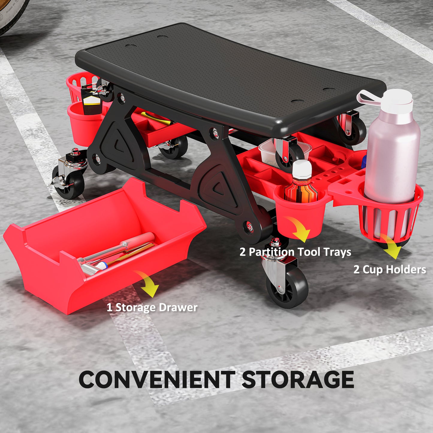 HOMCOM Rolling Mechanic Stool, 135kg Capacity Workshop Stool with 360° Swivel Wheels, Roller Creeper Seat with Slide Out Tool Trays, Drawer, Bottle Holders for Garage, Shop, Auto Repair, Red