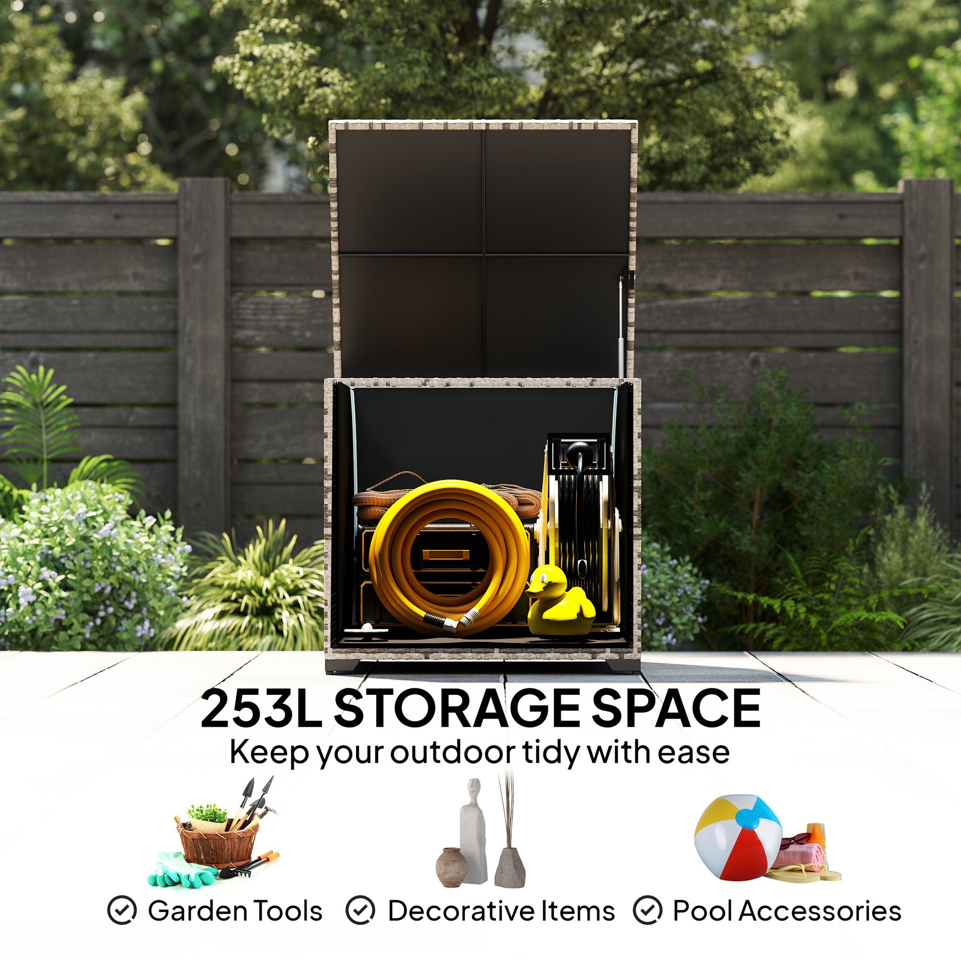 Outsunny 253L Garden Storage Box, Rattan Deck Box with Zipped Liner, Safe Pneumatic Rod, Patio Storage Container, Mixed Grey