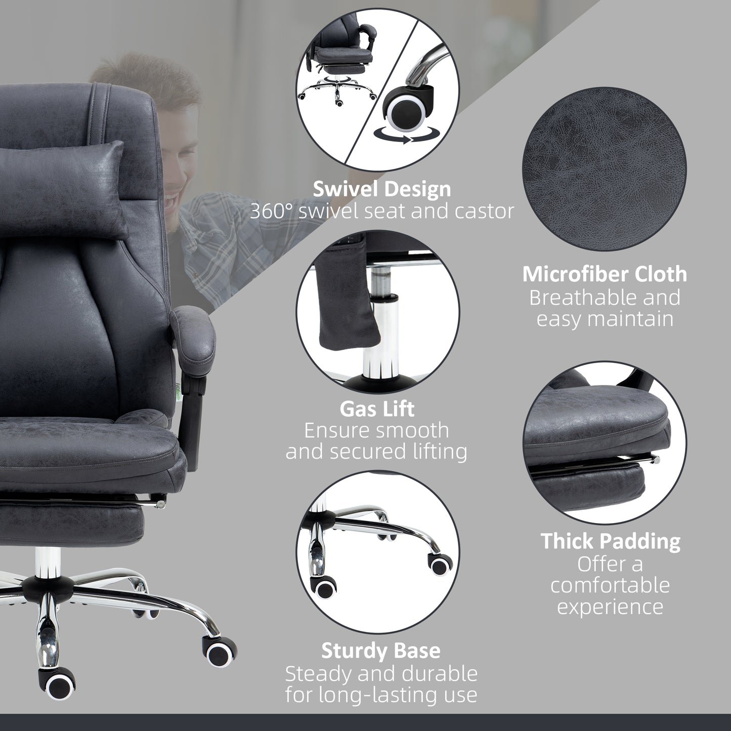 Vinsetto Office Chair with Lumbar Massage, 135Â° Reclining Computer Chair with Adjustable Headrest, Retractable Footrest, 10cm Double Padded Seat, Microfiber Fabric, Metal Base, Dark Grey