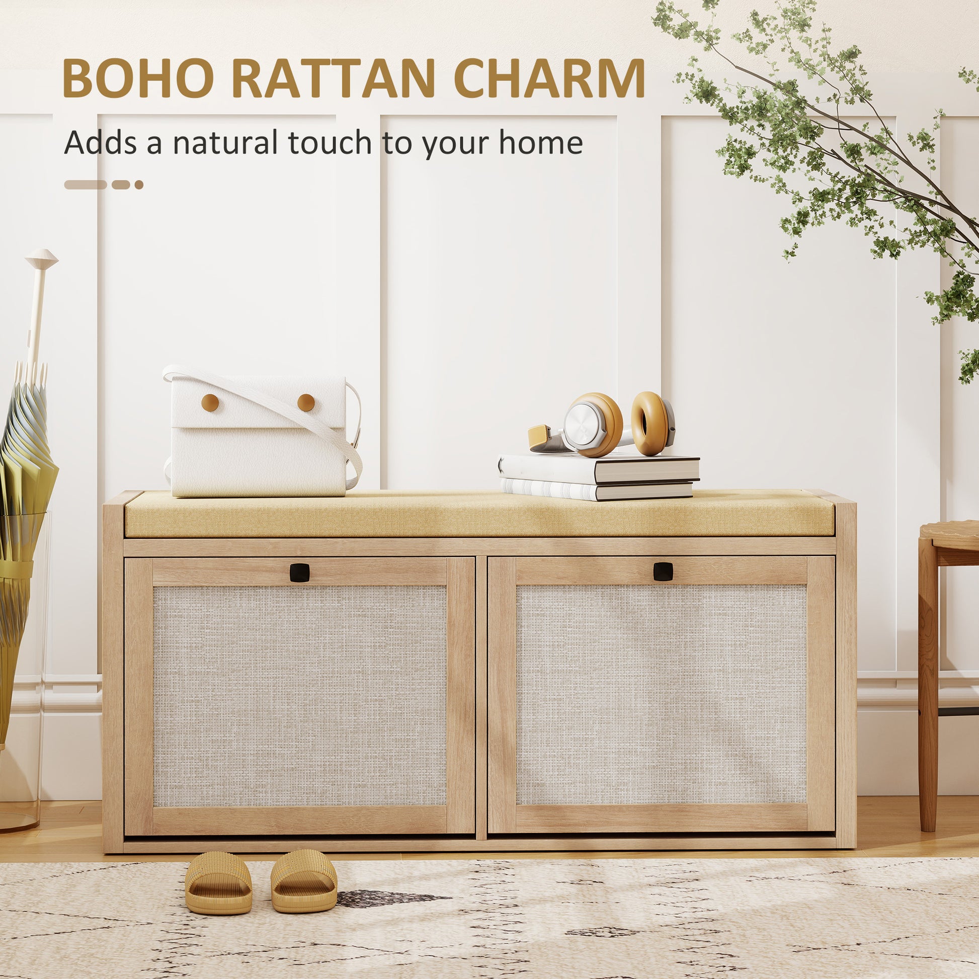 HOMCOM Rattan Shoe Bench with Padded Cushion and 2 Cabinets for Hidden Storage, Oak Wood Effect