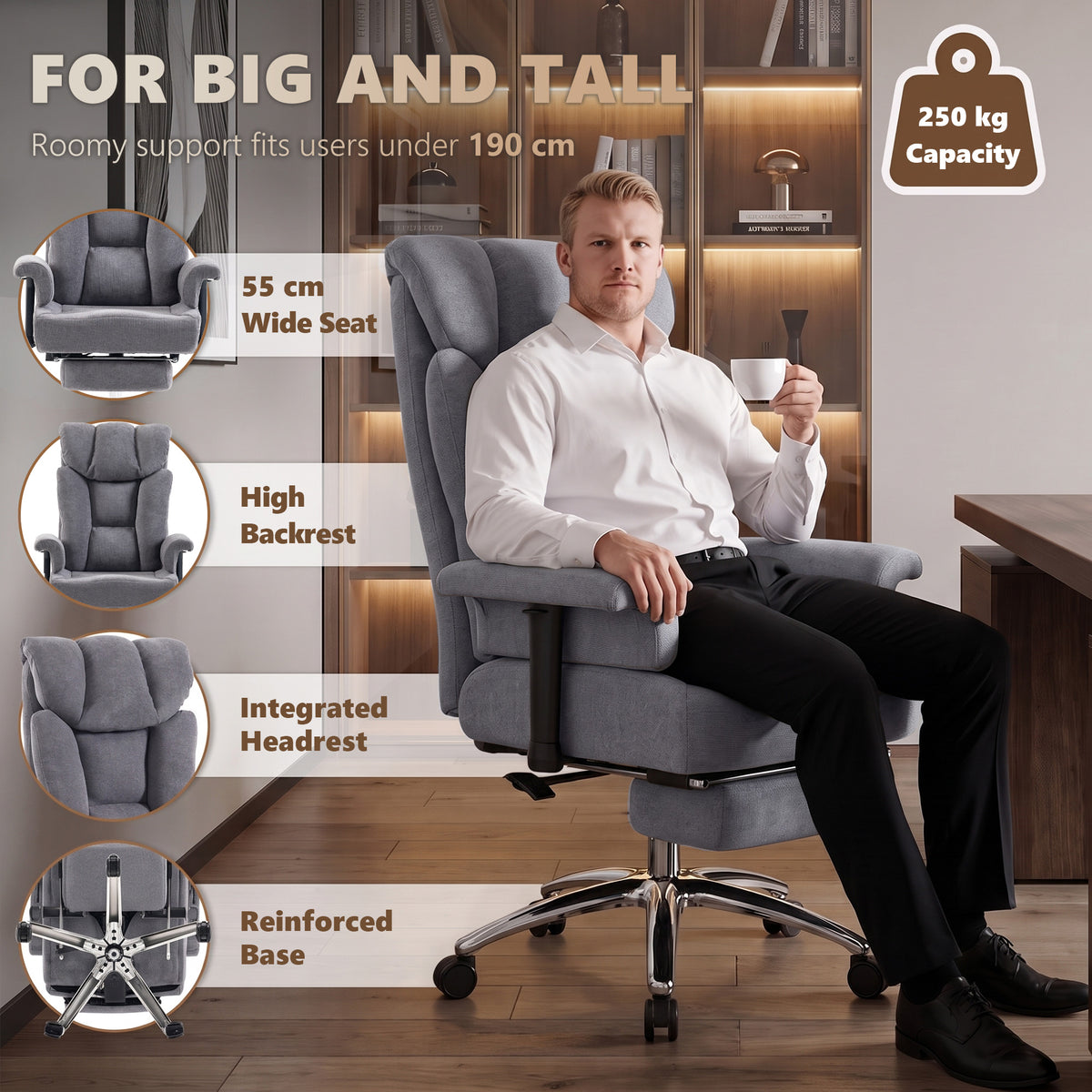 HOMCOM 250 kg Big and Tall Massage Office Chair with Heat, High Back, Height Adjustable Linen Executive Desk Chair, Dark Grey