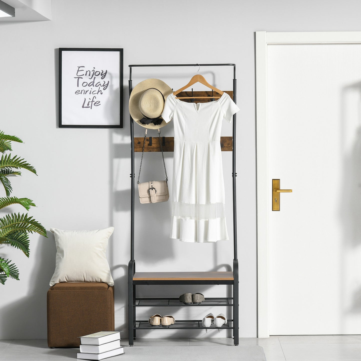 HOMCOM Coat Rack Stand Industrial hallway Shoe Rack Removable Hooks Metal Wood Hangers Storage Cabinet Rustic Brown 72LÃ—34WÃ—185H(cm)