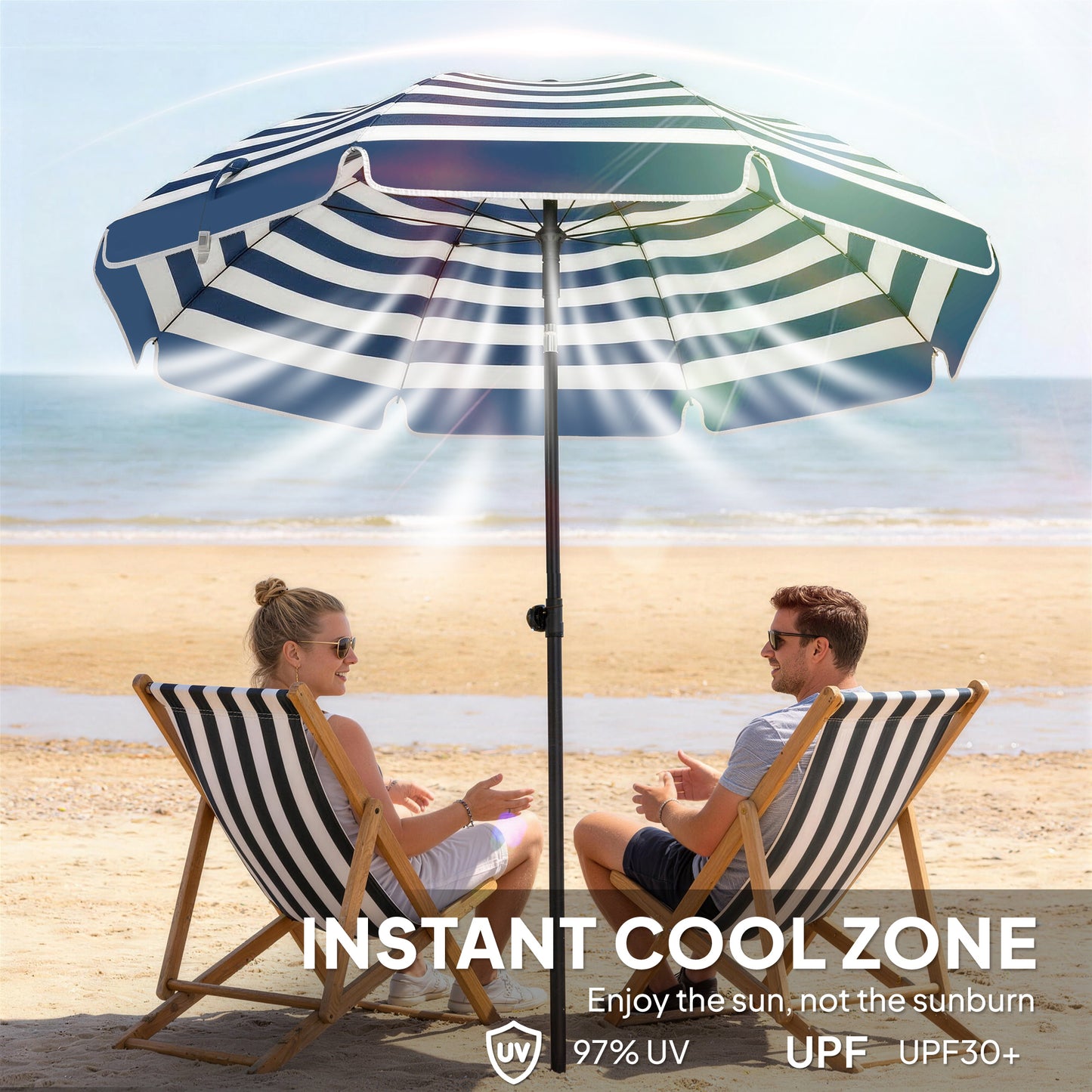 Outsunny 1.8 m Beach Umbrella Parasol with Sand Anchor, Portable 30Â° Tilting Patio Sun Shade with Adjustable Height, Blue/White