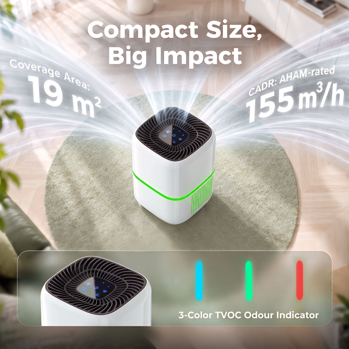 HOMCOM Smart Air Purifier for Home, HEPA Filter, Sleep/Auto Mode, 19mÂ², Air Cleaner, App/Voice Control, Quiet, Odour Indicator