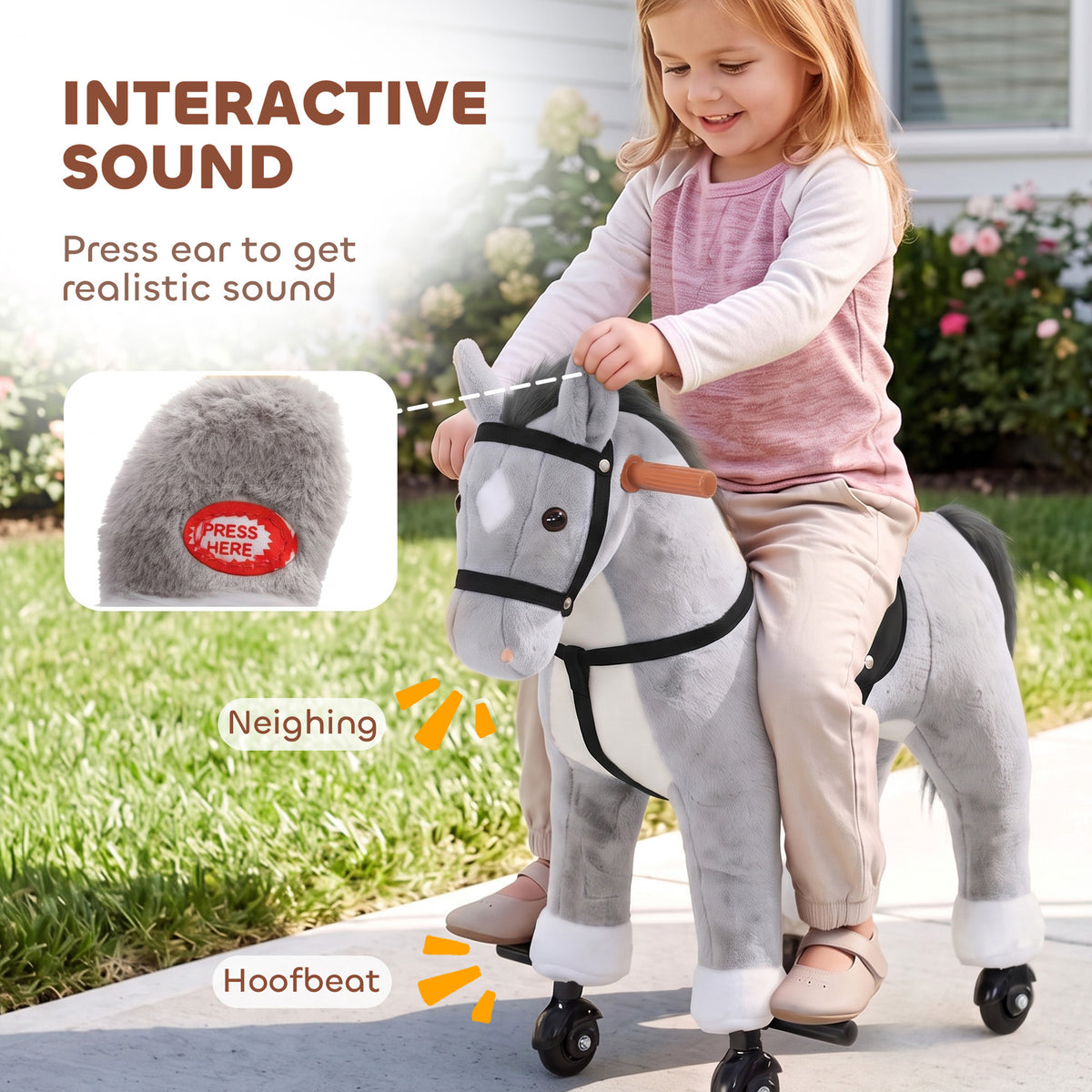 AIYAPLAY Rocking Horse, Plush Ride On Horse with Hoof Sounds, Music, Rolling Wheels and Pedal for 3-7 Years, Up to 50kg, Grey