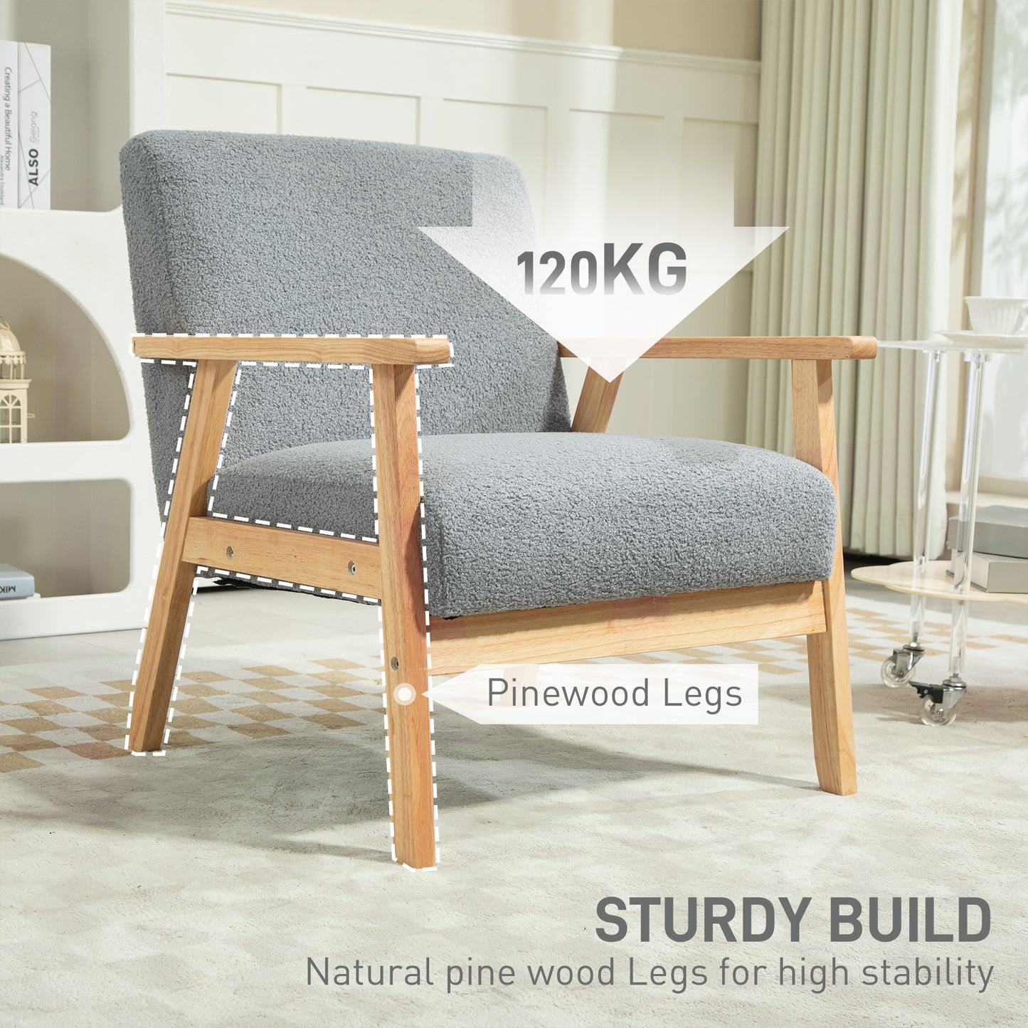 HOMCOM Modern Armchair, Cashmere Upholstered Sofa with Solid Wood Legs and Wide Seat, Accent Chair for Living Room Bedroom Office, Grey