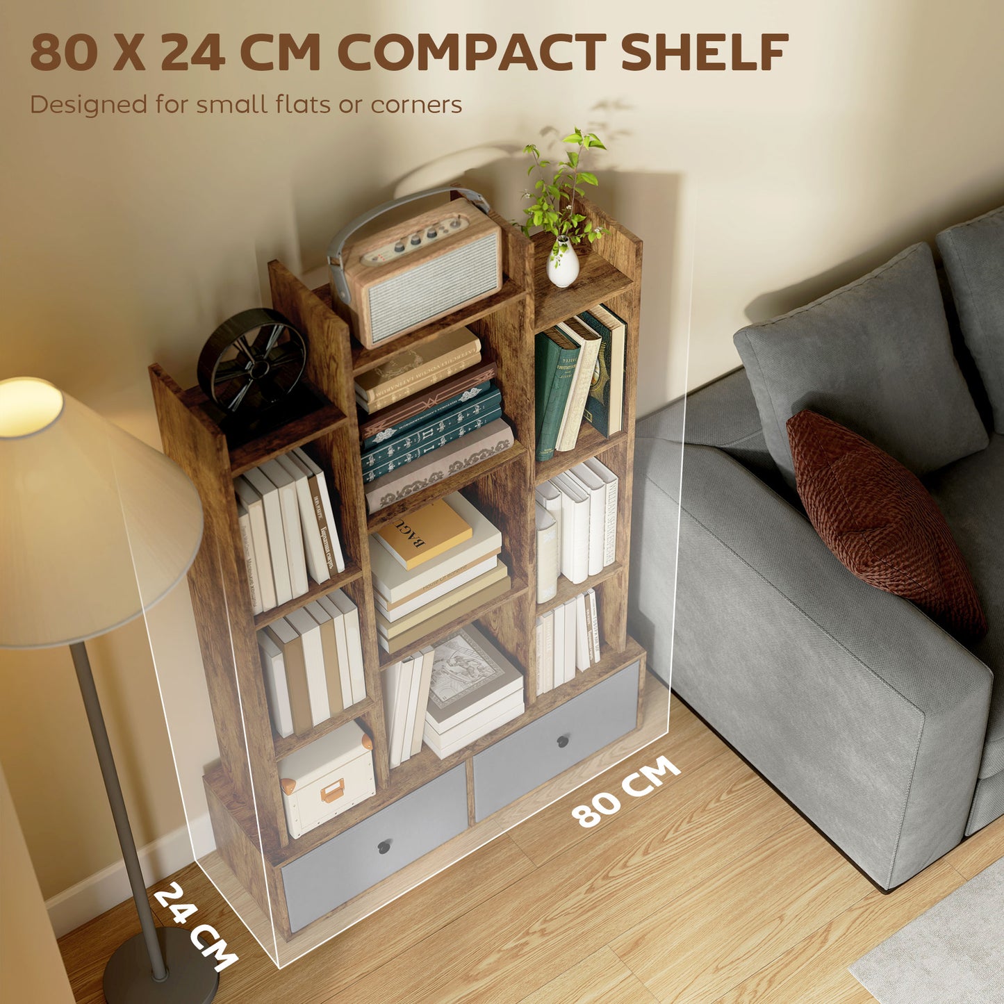 HOMCOM 12 Shelf Storage Unit, with Drawers - Brown