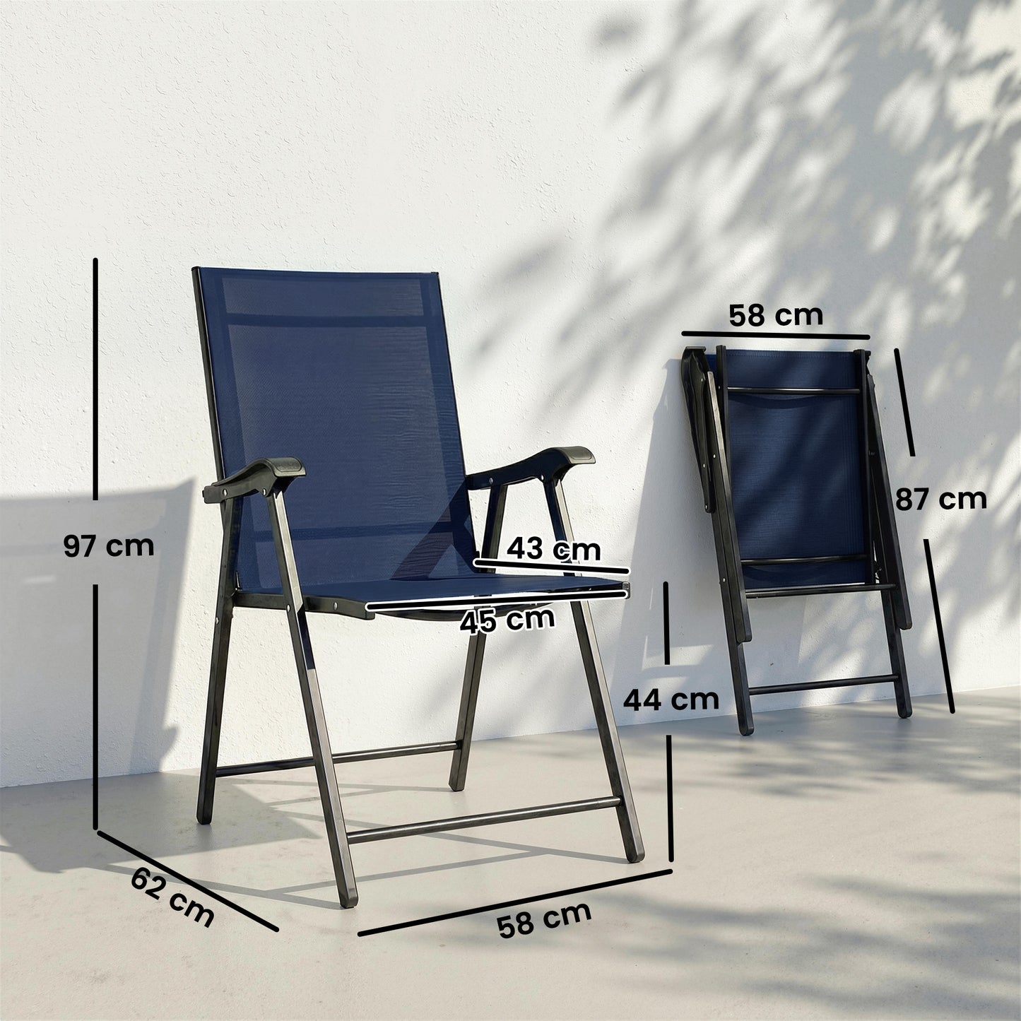 Outsunny Folding Garden Chairs Set of 2, Foldable Garden Dining Chairs with High Back, Armrests, Texteline Seat, Navy Blue
