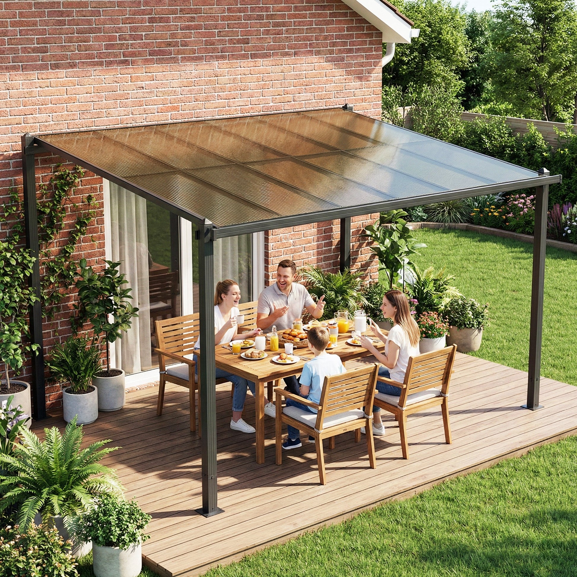 Outsunny 3.6 x 3 m Lean to Garden Pergola with PC Roof, Aluminium Frame Hardtop Gazebo Pergola with Drainage Gutters, Dark Grey