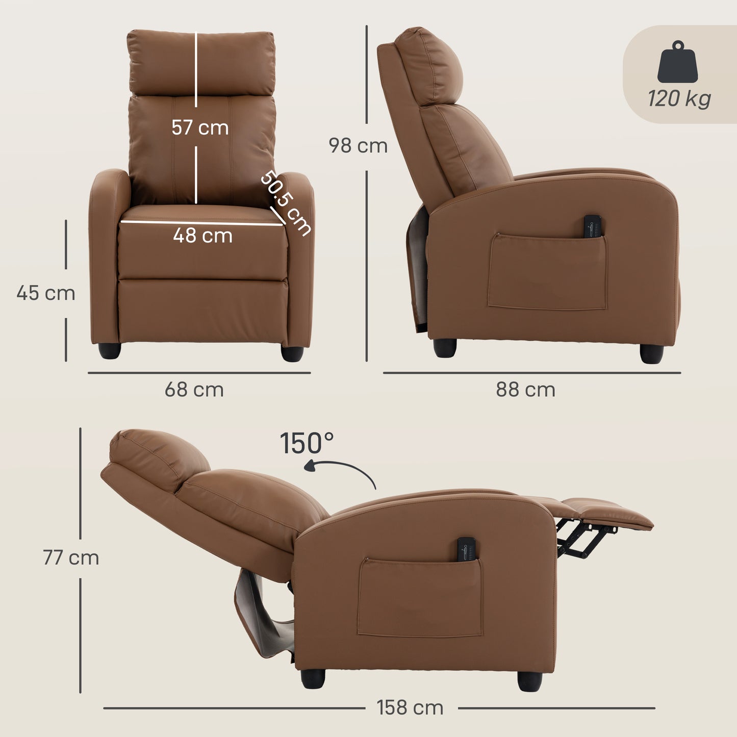 HOMCOM Recliner Armchair, Massage Faux Leather Push Back Reclining Chair with Adjustable Leg Rest, Side Pocket, Dark Brown