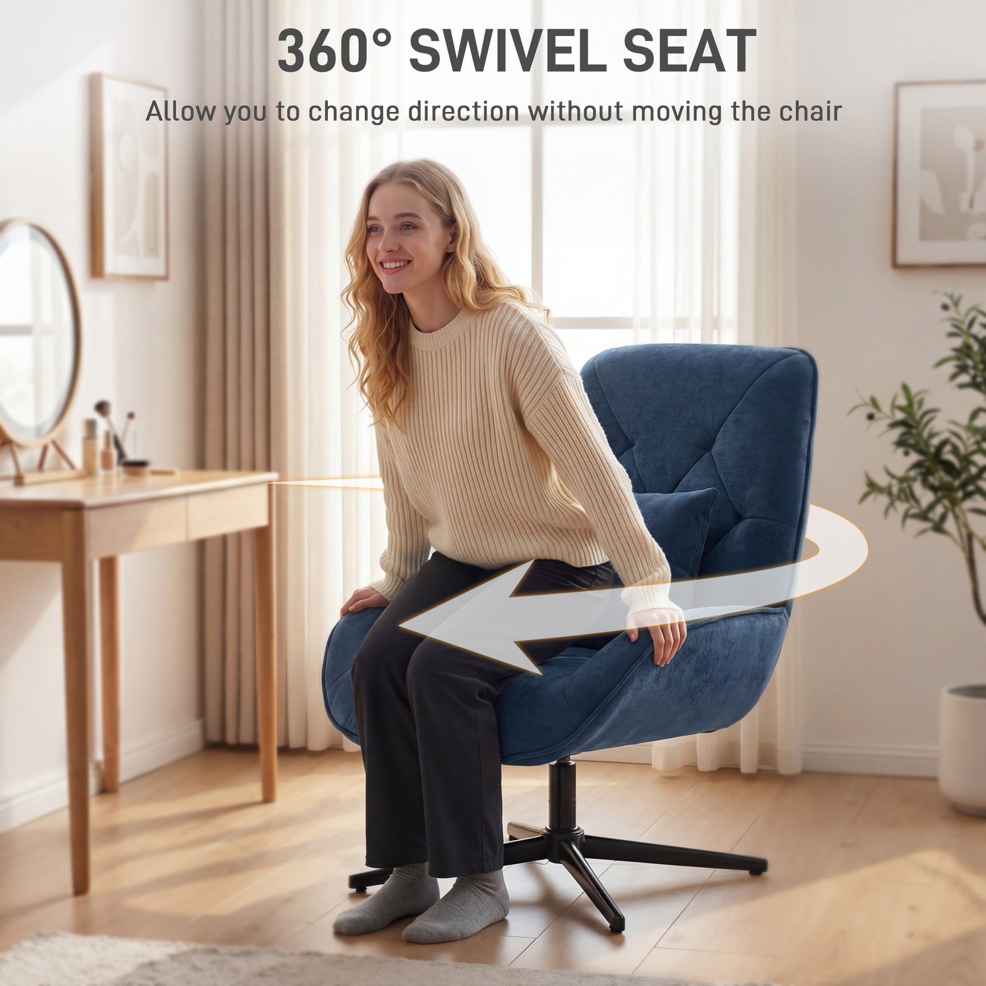 HOMCOM Accent Chair, Chenille Upholstered Swivel Armchair with Lumbar Pillow, High Back, Deep Seat and Metal Legs, Dark Blue
