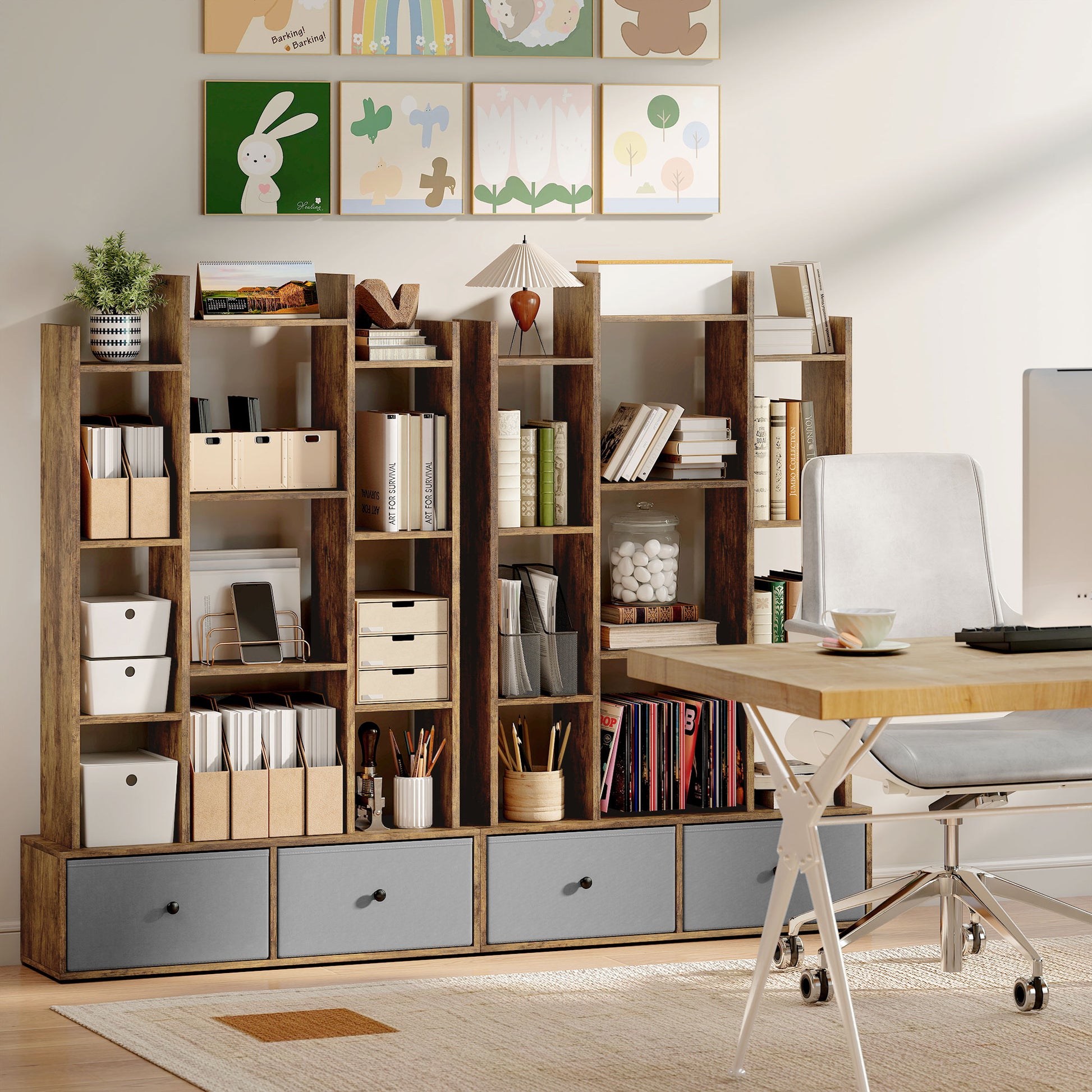 HOMCOM 12 Shelf Storage Unit, with Drawers - Brown
