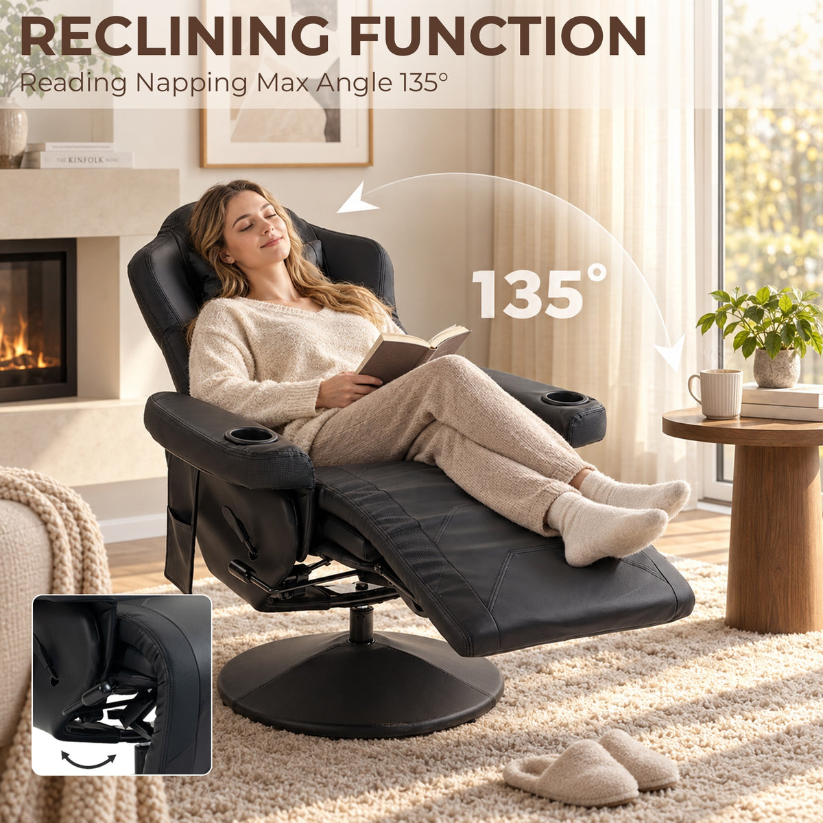 HOMCOM Manual Recliner Armchair PU Leather Lounge Chair w/ Adjustable Leg Rest, 135Â° Reclining Function, 360Â° Swivel, Black