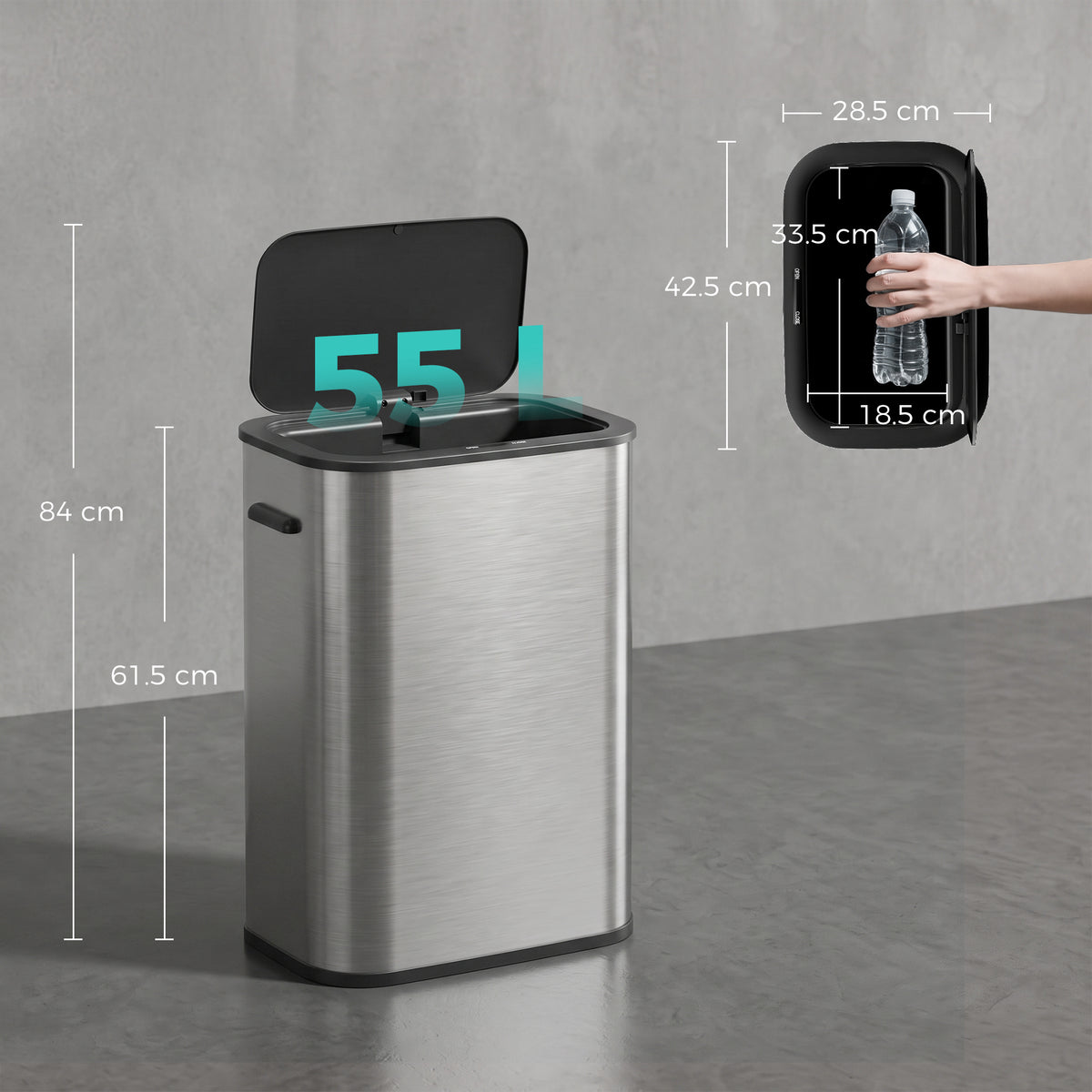 HOMCOM 55L Sensor Bin for Kitchen, Touchless Automatic Waste Rubbish Bin, Stainless Steel, Battery Operated, Silver Tone