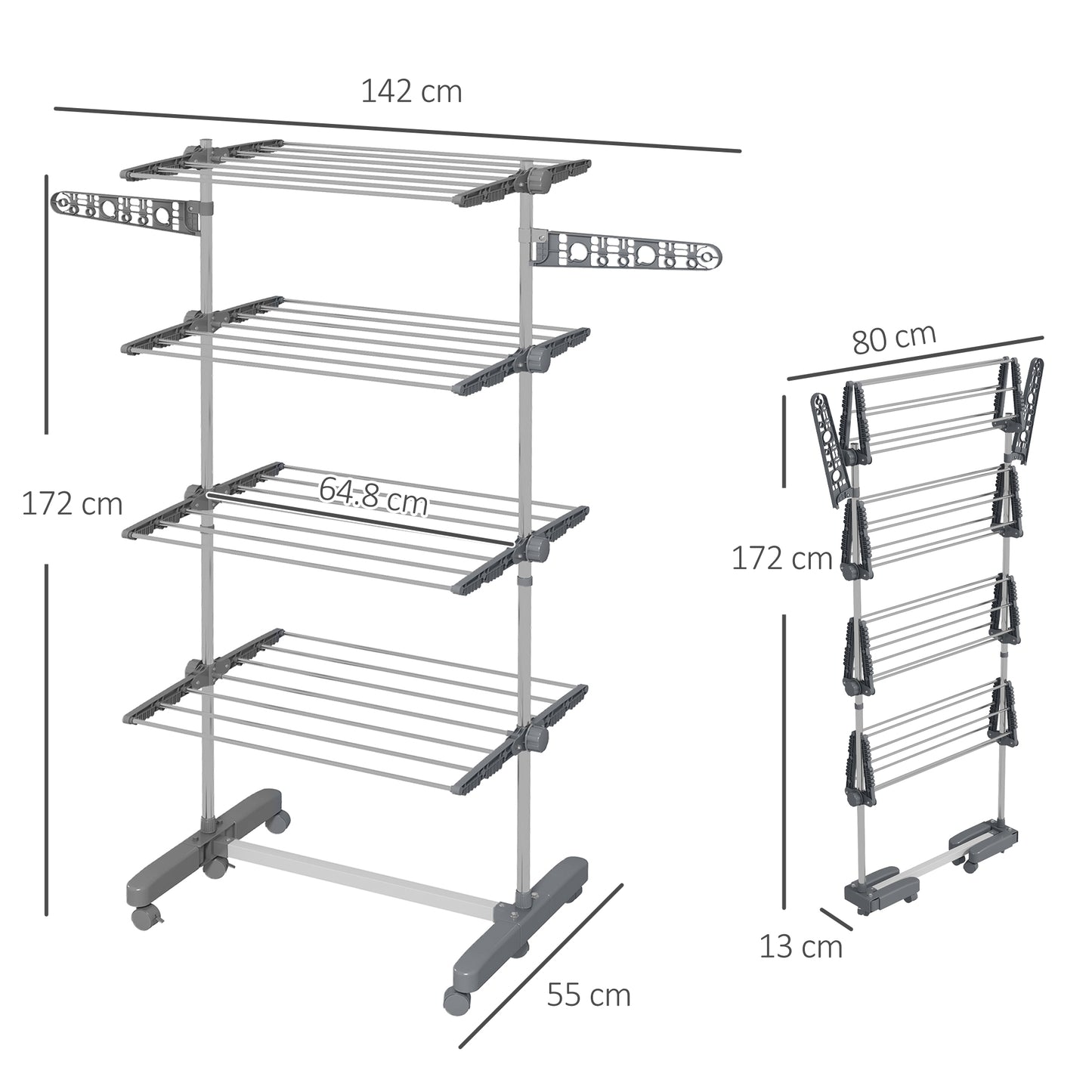 HOMCOM Four-Shelf Collapsing Clothes Horse, With Side Arms and Wheels - Grey
