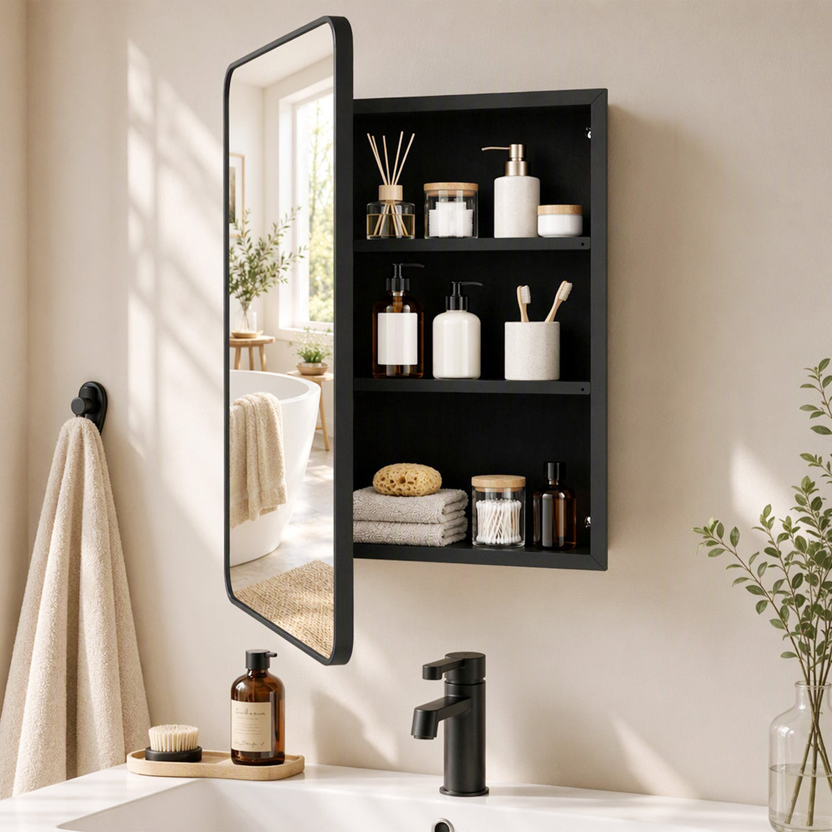 HOMCOM 50.8 x 11.6 x 71 cm Bathroom Mirror Cabinet, Wall Cabinet with Adjustable Shelves, Wall-Mounted or Recessed, Black
