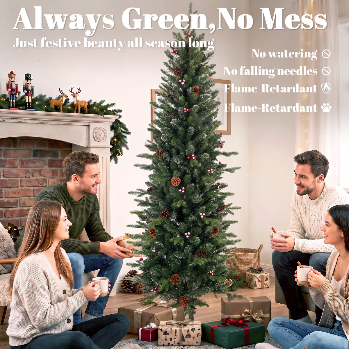 HOMCOM Slim Gracious Pine Xmas Tree, 7ft/210cm Artificial Christmas Tree with 904 Branch Tips, Foldable Steel Stand, Green