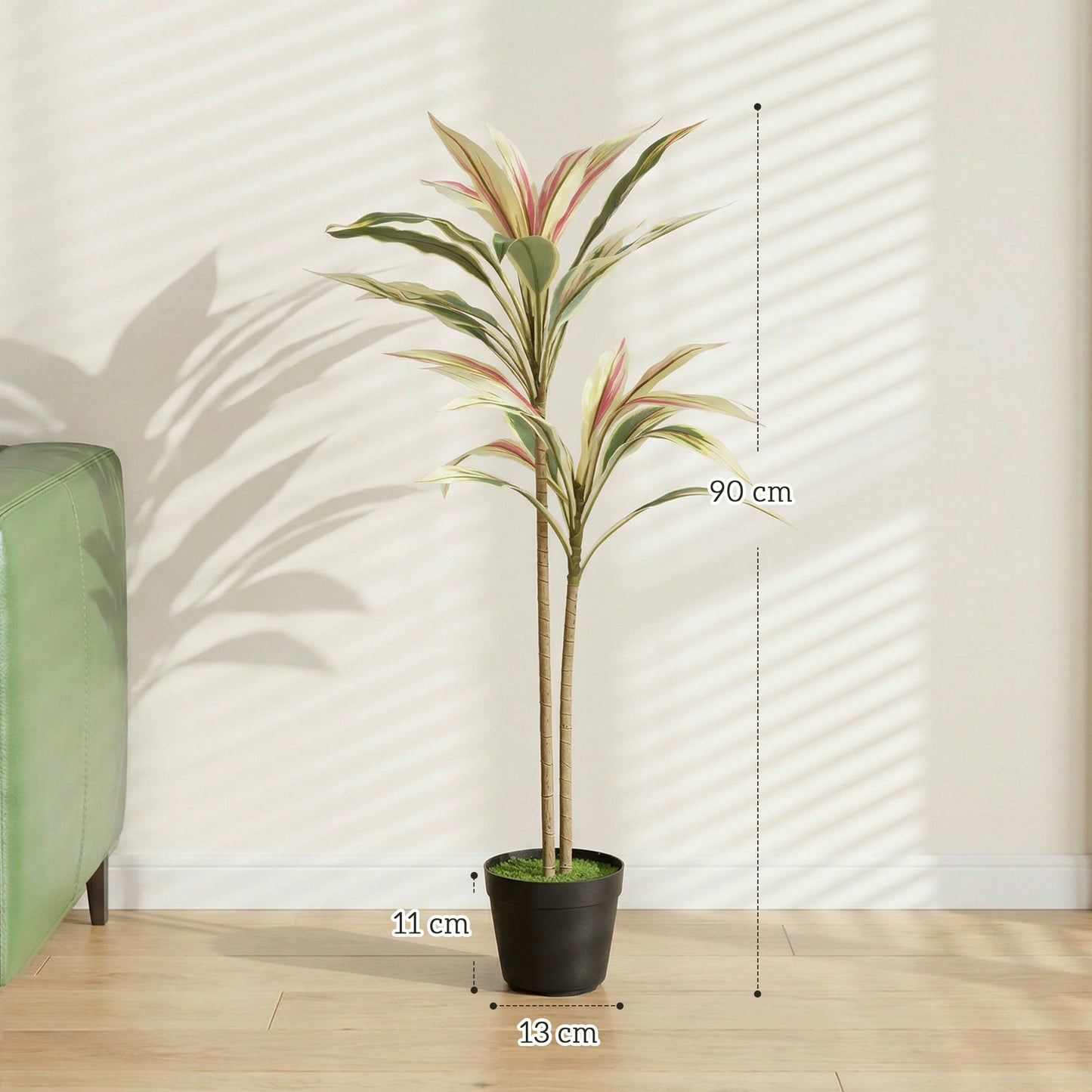 HOMCOM 90 cm Artificial Cordyline Tree in Moss Effect Pot, Realistic PEVA Faux Plant, Yellow