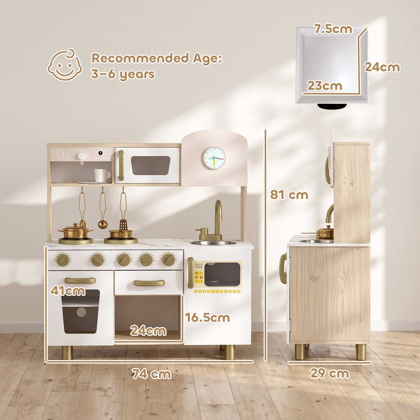 AIYAPLAY Play Kitchen, Kids Kitchen Playset with Rotating Coffee Machine, Storage Shelf, Stove, Gift for Kids 3-6 Years, White