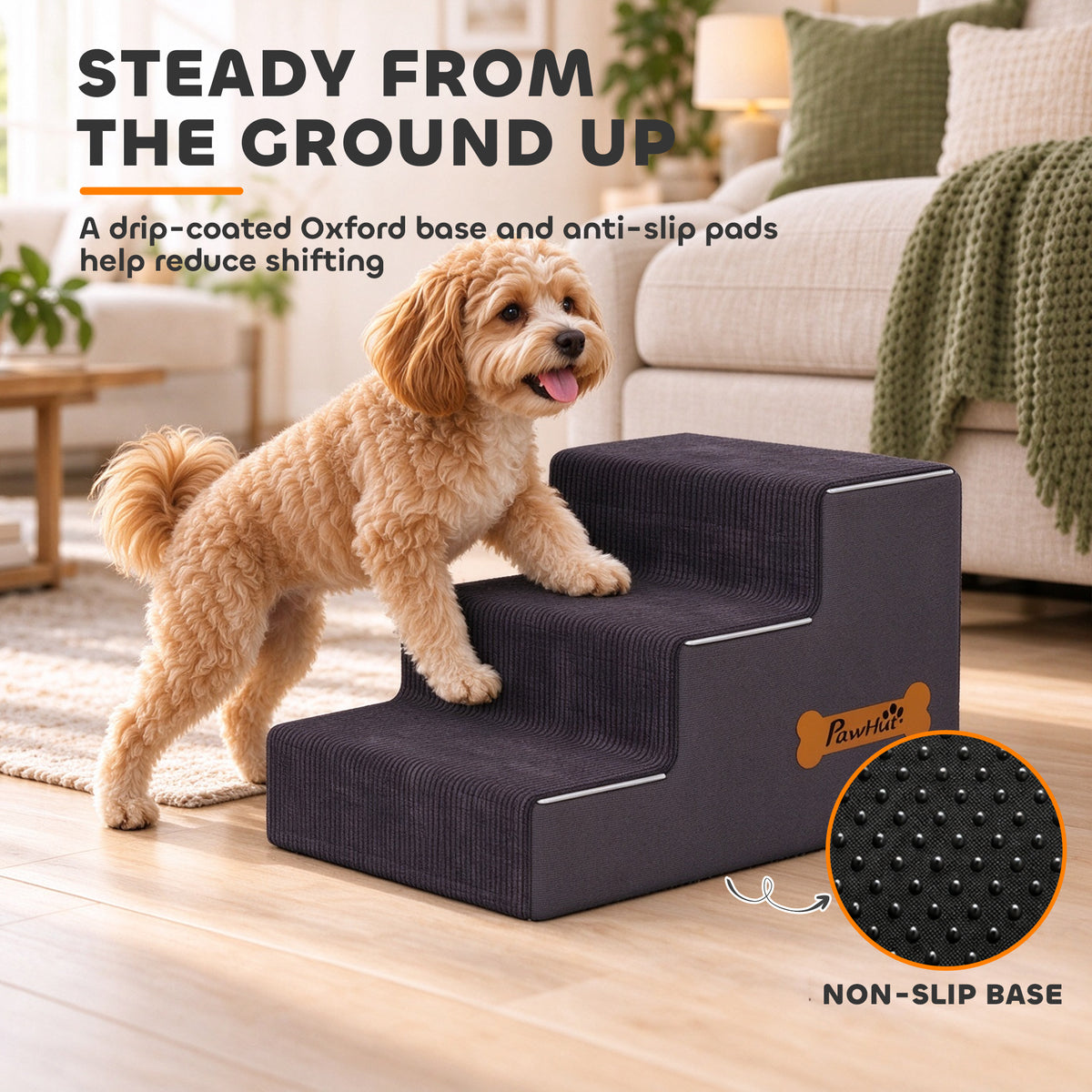 PawHut Dog Steps, 3-Step Dog Stairs for Bed and Sofa, Pet Stairs with Carry Handle, Washable Cover