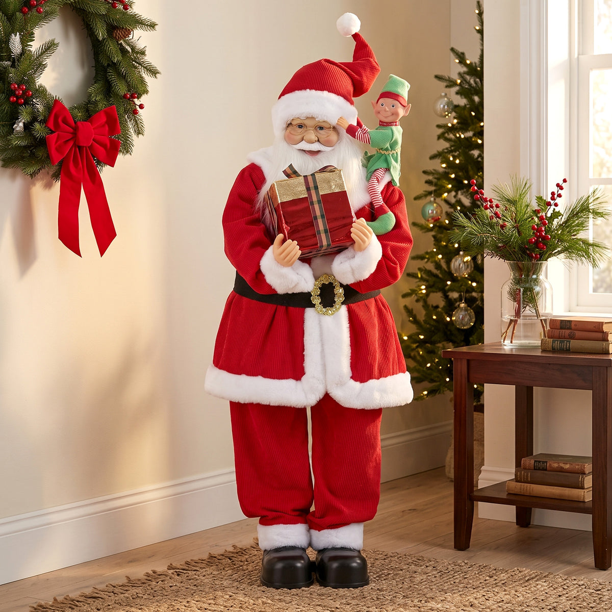 HOMCOM 4ft Singing Dancing Santa Claus, Standing Christmas Animated Santa Figure with Elf, Gift Box, Sound/Touch Activated