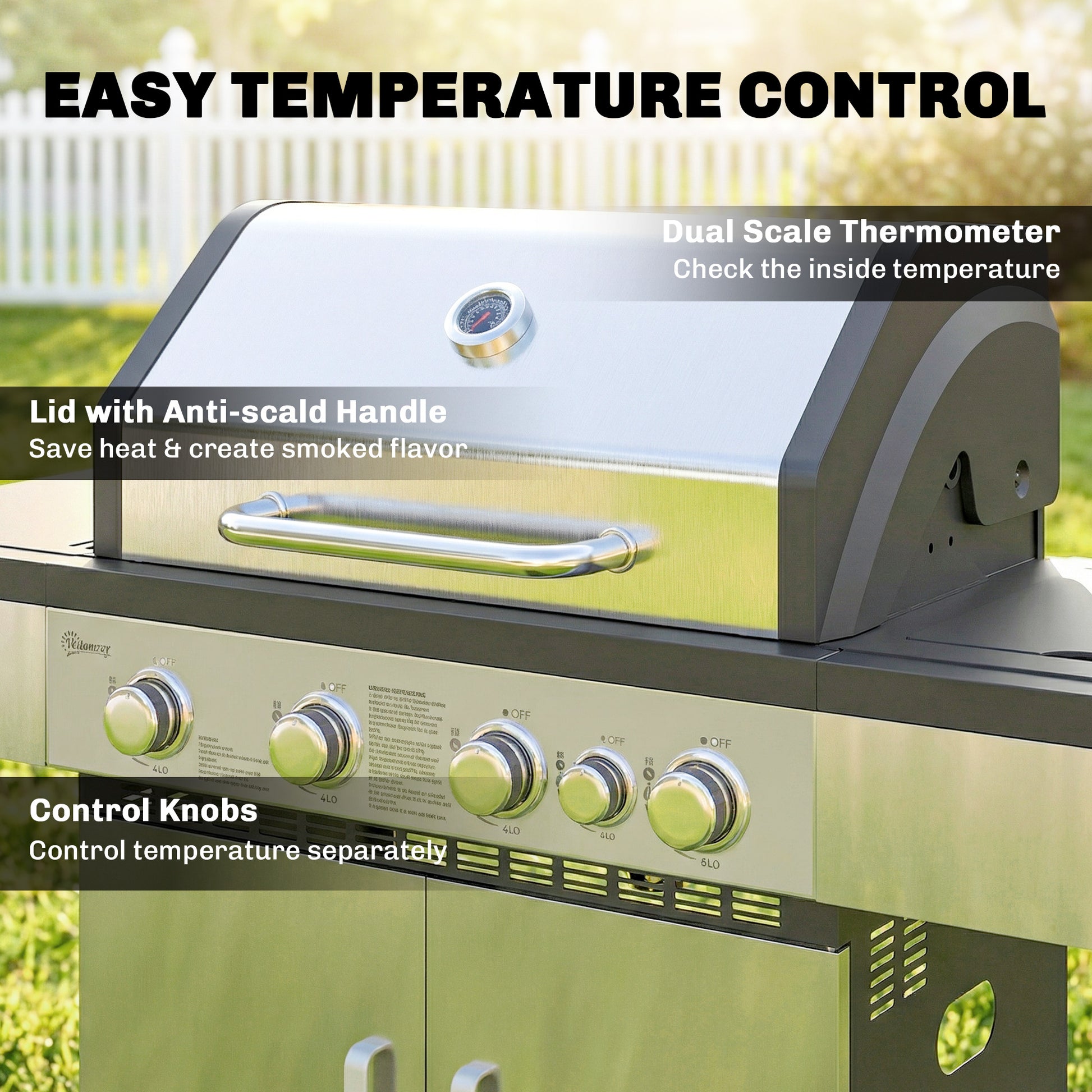 Outsunny 4+1 Burner Gas BBQ Grill, Portable Gas Barbecue Grill with Side Burner, Warming Rack, Side Shelf, Storage Cabinet