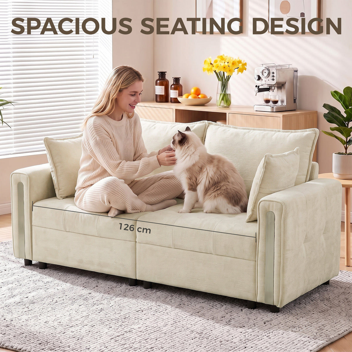 HOMCOM 2 Seater Sofa with Lift-Up Storage, 168 cm Comfy Velvet Small Couch with Wide Deep Seat, Plush Backrest, Thick Padding, 2 Pillows, Loveseat for Living Room, Home Office, Beige