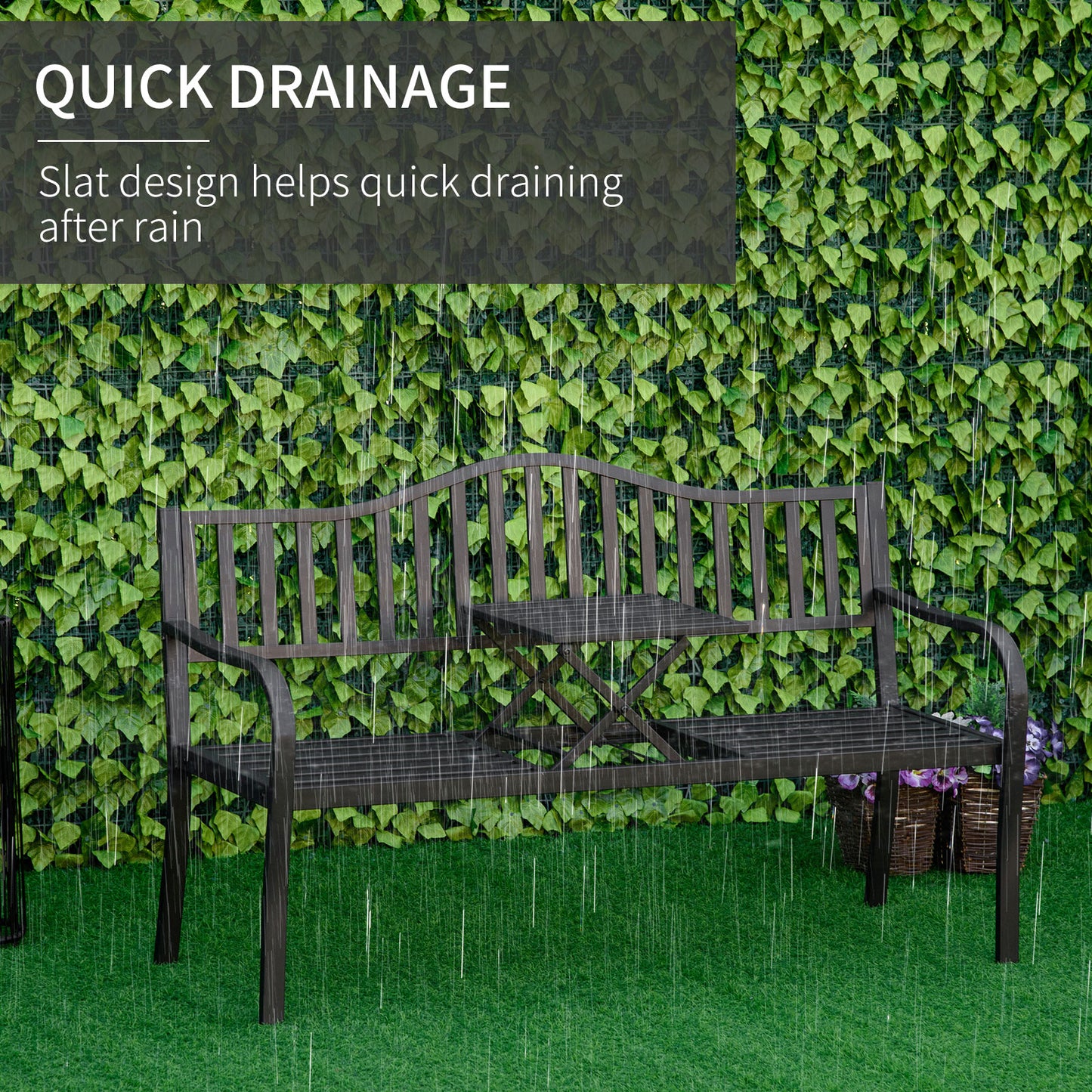 Outsunny Metal Outdoor Bench with Liftable Middle Table, Patio Loveseat, Garden Bench for Garden, Porch, Seats 2â€“3 People, Black