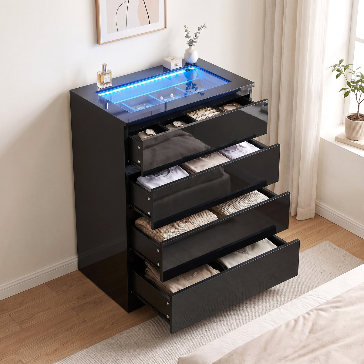 HOMCOM High Gloss 4 Drawer Chest of Drawers with Glass Top and RGB LED Lights, Dresser w/ Jewelry Organizer, APP Control, Black