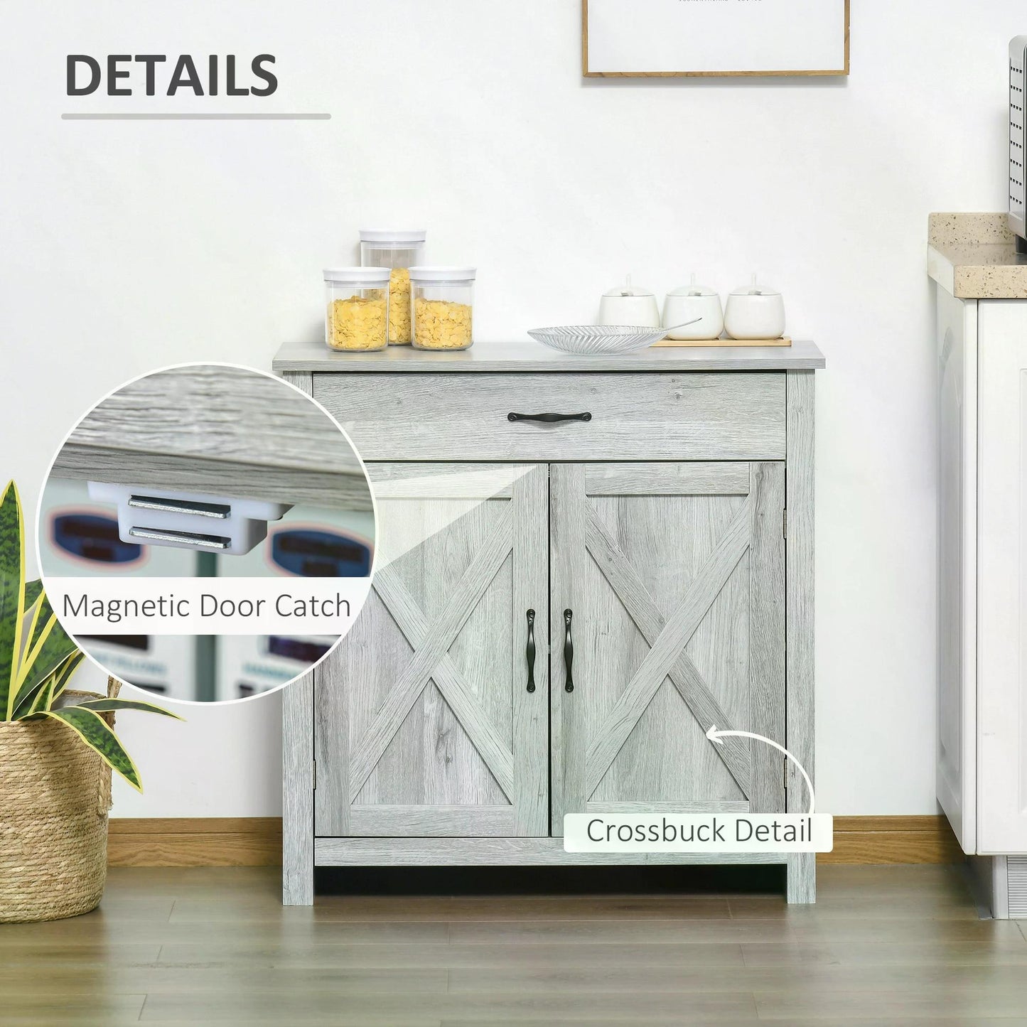 HOMCOM Farmhouse Barn Door Sideboard Storage Cabinet Coffee Bar for LIVING Room â€“ Grey Grain