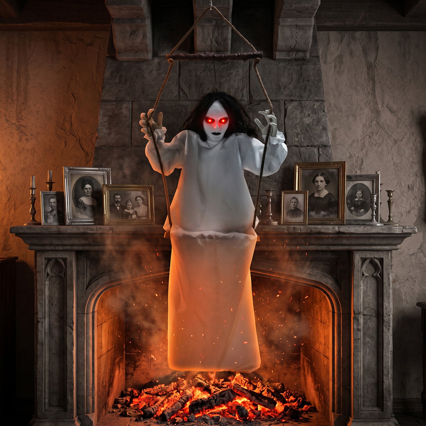 HOMCOM 170cm Animated Hanging Swing Ghost Halloween Decoration, Sound Touch Activated Ghost Halloween Animatronic