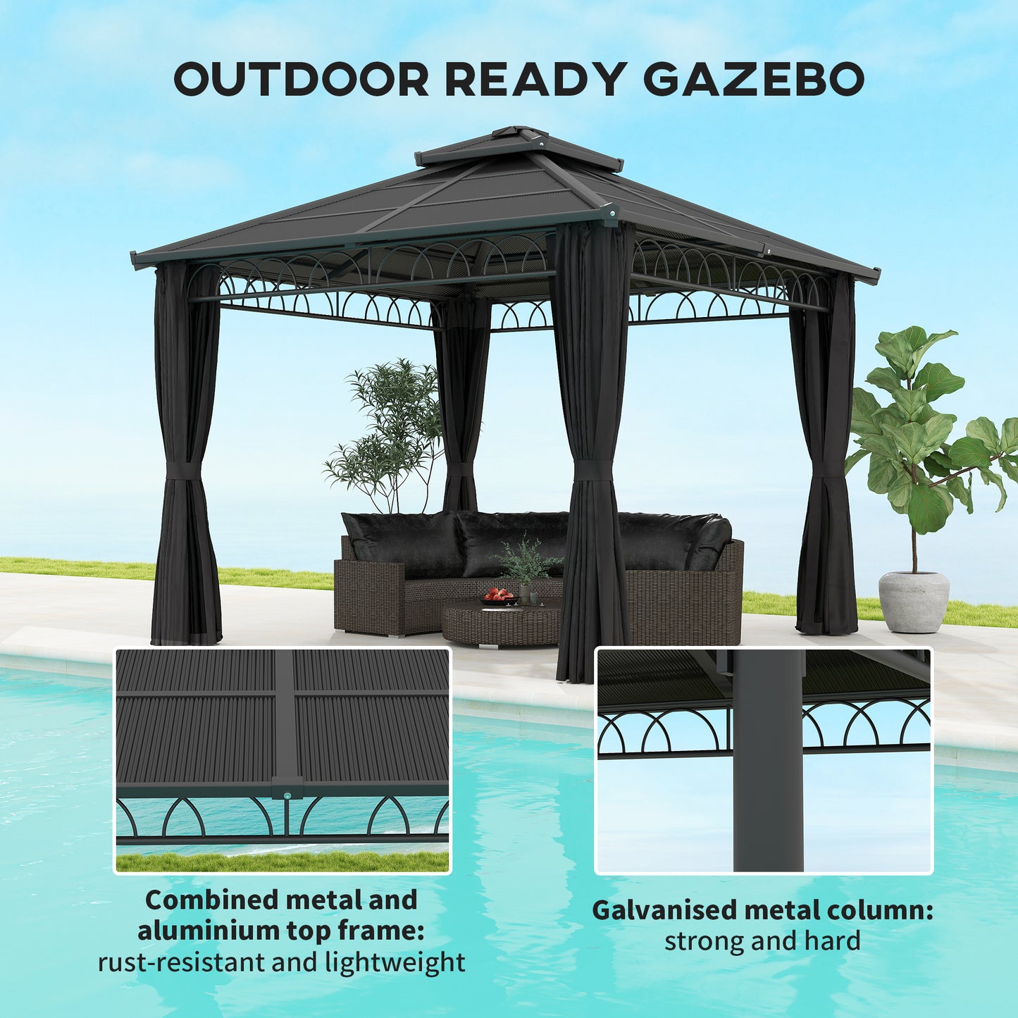 Outsunny 3 x 3 (m) Outdoor Polycarbonate Gazebo, DoubleÂ Roof Hard Top Gazebo withÂ Galvanised Steel Frame, NettingsÂ &Â Curtains for Garden, Lawn, Patio and Deck, Dark Grey