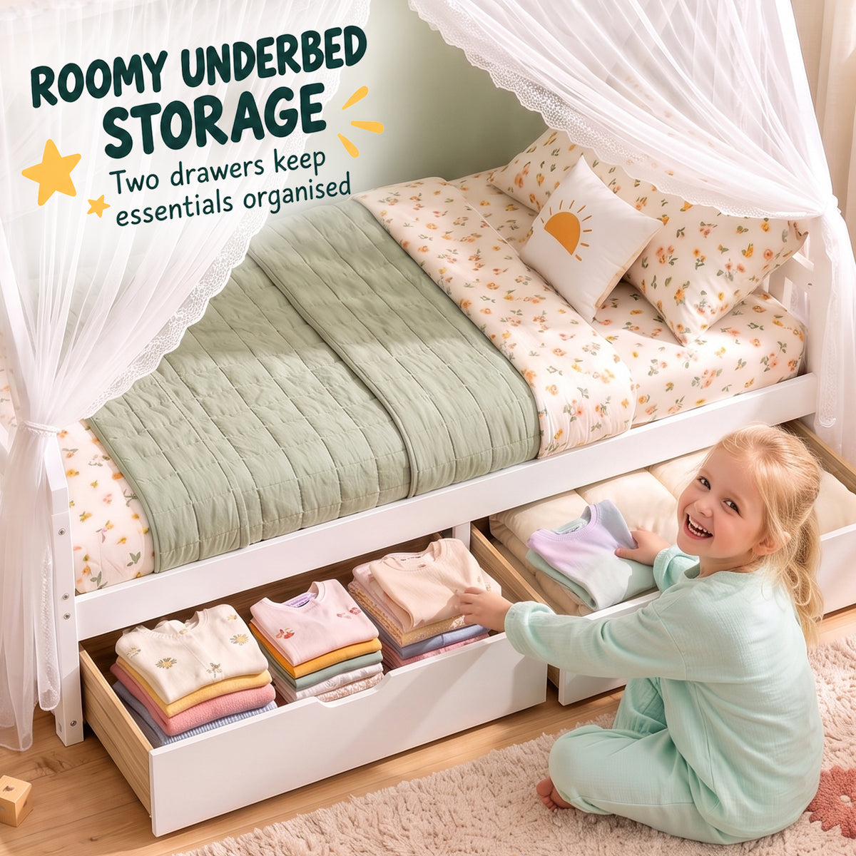AIYAPLAY Wooden Kids House Bed Frame, Toddler Single Bed with 2 Storage Drawers and Roof, Fits 90x190cm Mattress
