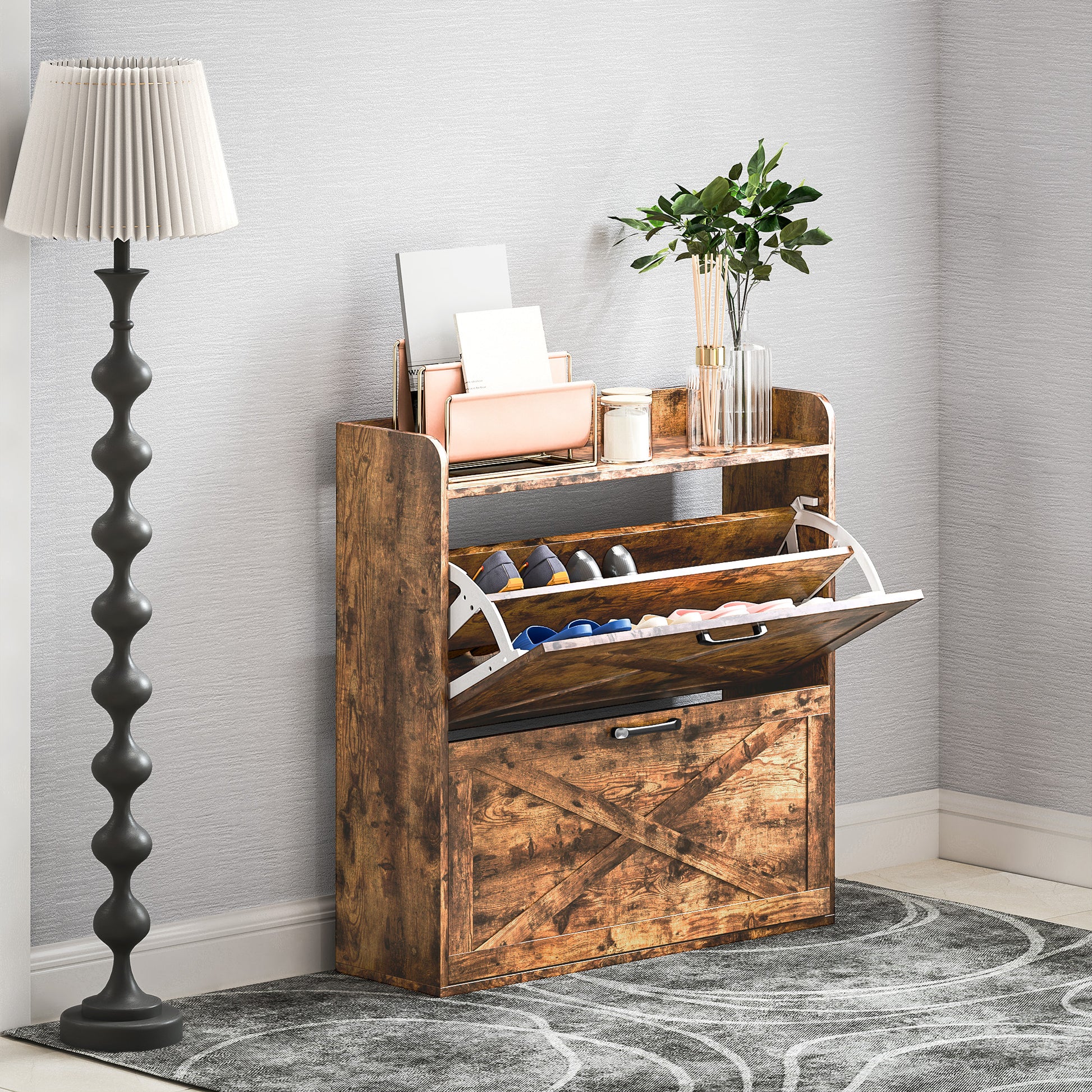 HOMCOM Two Flip Drawer Narrow Shoe Cabinet with Adjustable Shelves - Rustic Brown - LiamsBargains.co.uk