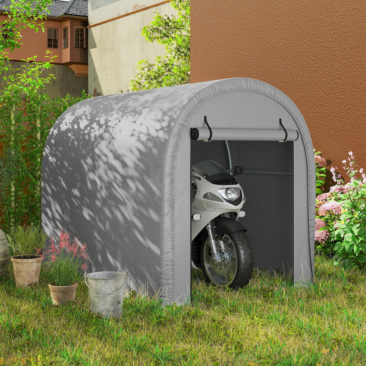 Outsunny 1.6 x 2.4m Garden Storage Shed Tent, Waterproof Bike Shed with Roll-up Zipper Door, Galvanised Metal Frame, Light Grey