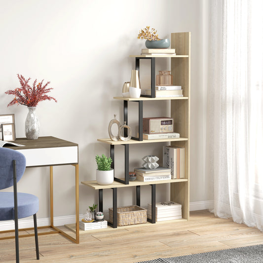 HOMCOM 5-Tier Bookcase, Wooden Ladder Bookshelf Display Stand, Oak