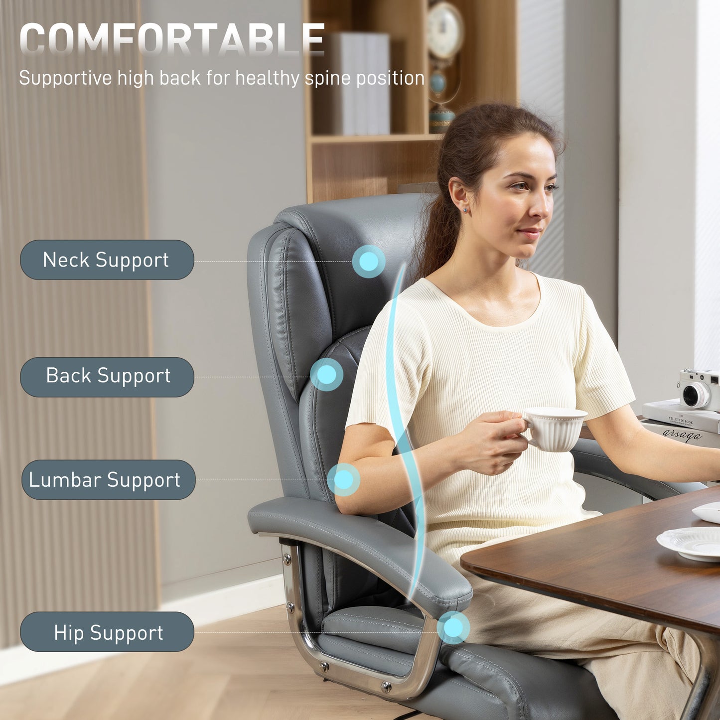 HOMCOM Big and Tall Office Chair 180kg with Spring Cushion, PU Leather - Grey